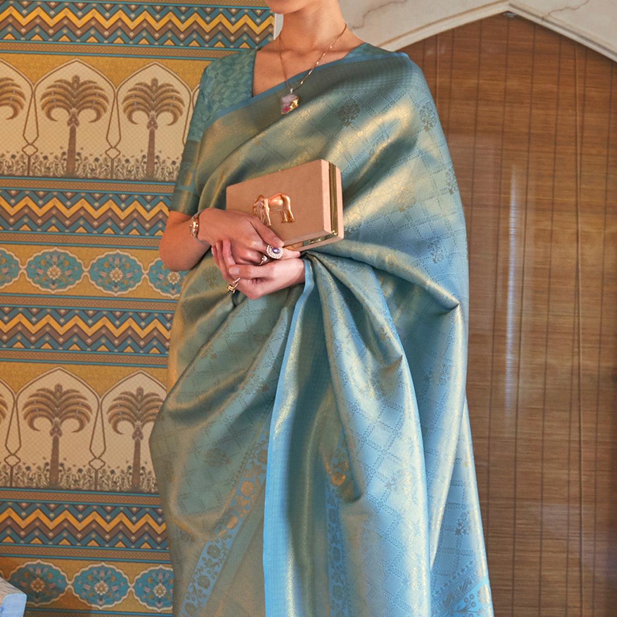 Sky Blue Woven Art Silk Saree With Tassels - Peachmode