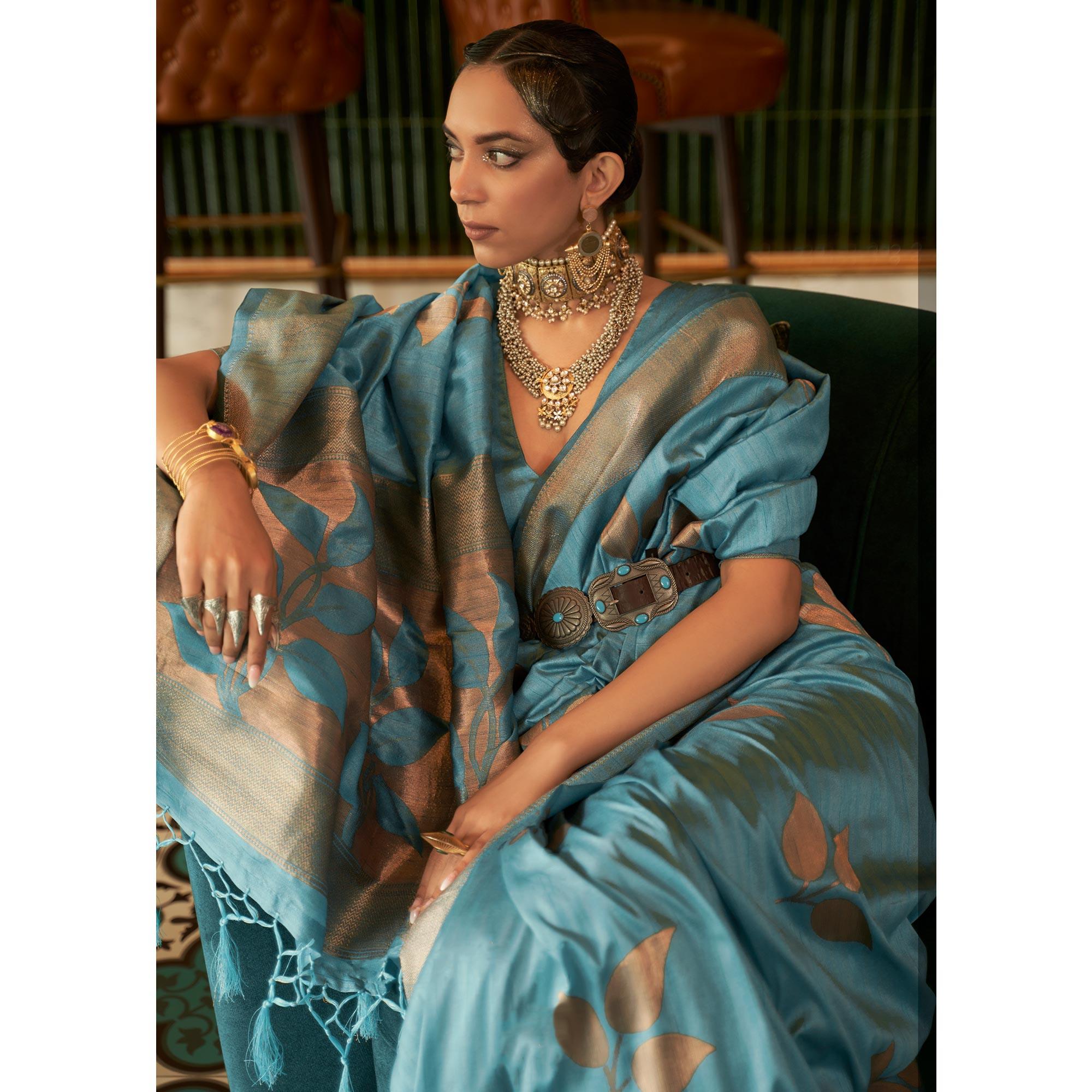 Sky Blue Woven Art Silk Saree With Tassels - Peachmode