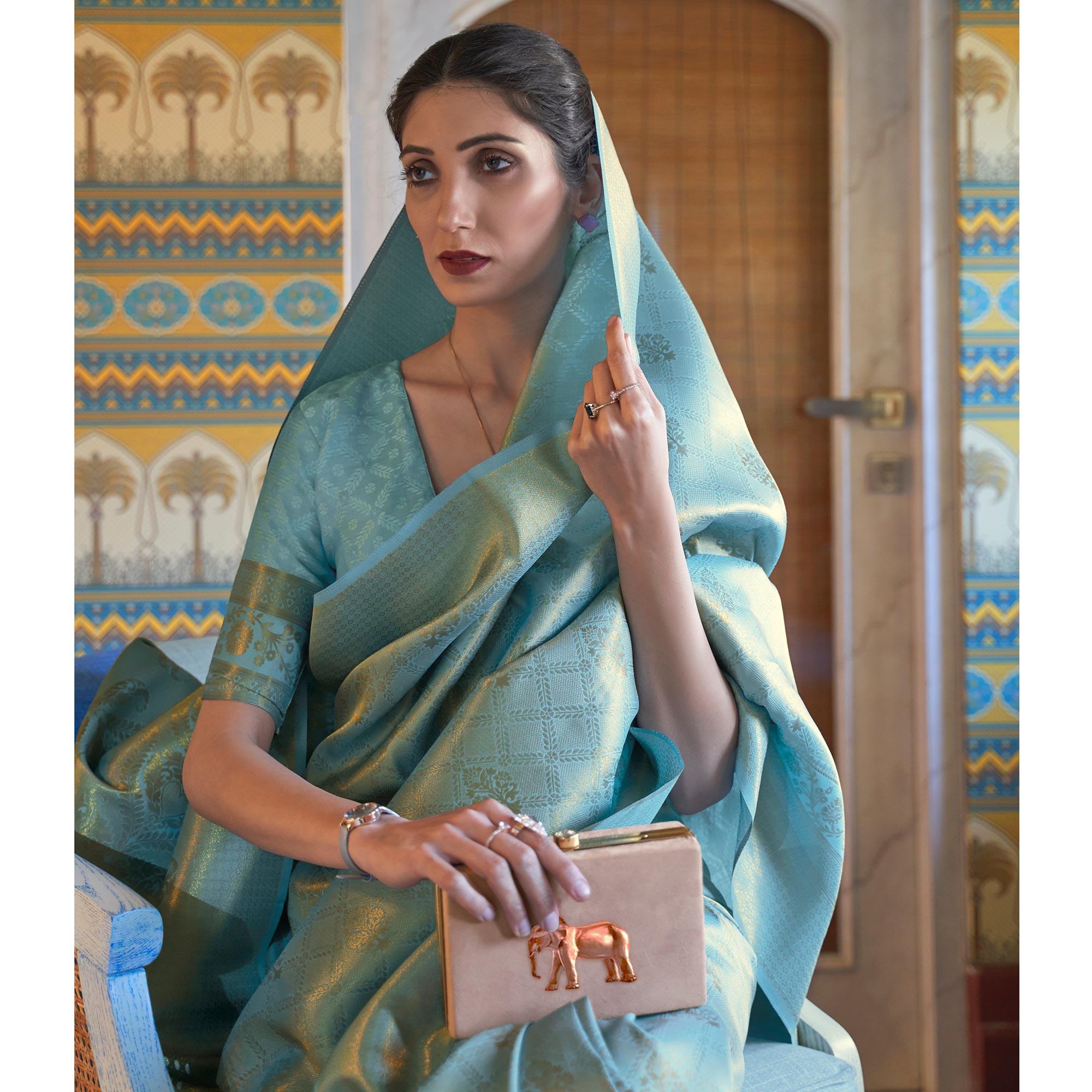 Sky Blue Woven Art Silk Saree With Tassels - Peachmode