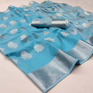 Sky Blue Woven Banarasi Silk Saree - Peachmode