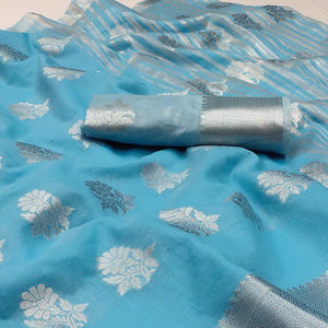 Sky Blue Woven Banarasi Silk Saree - Peachmode