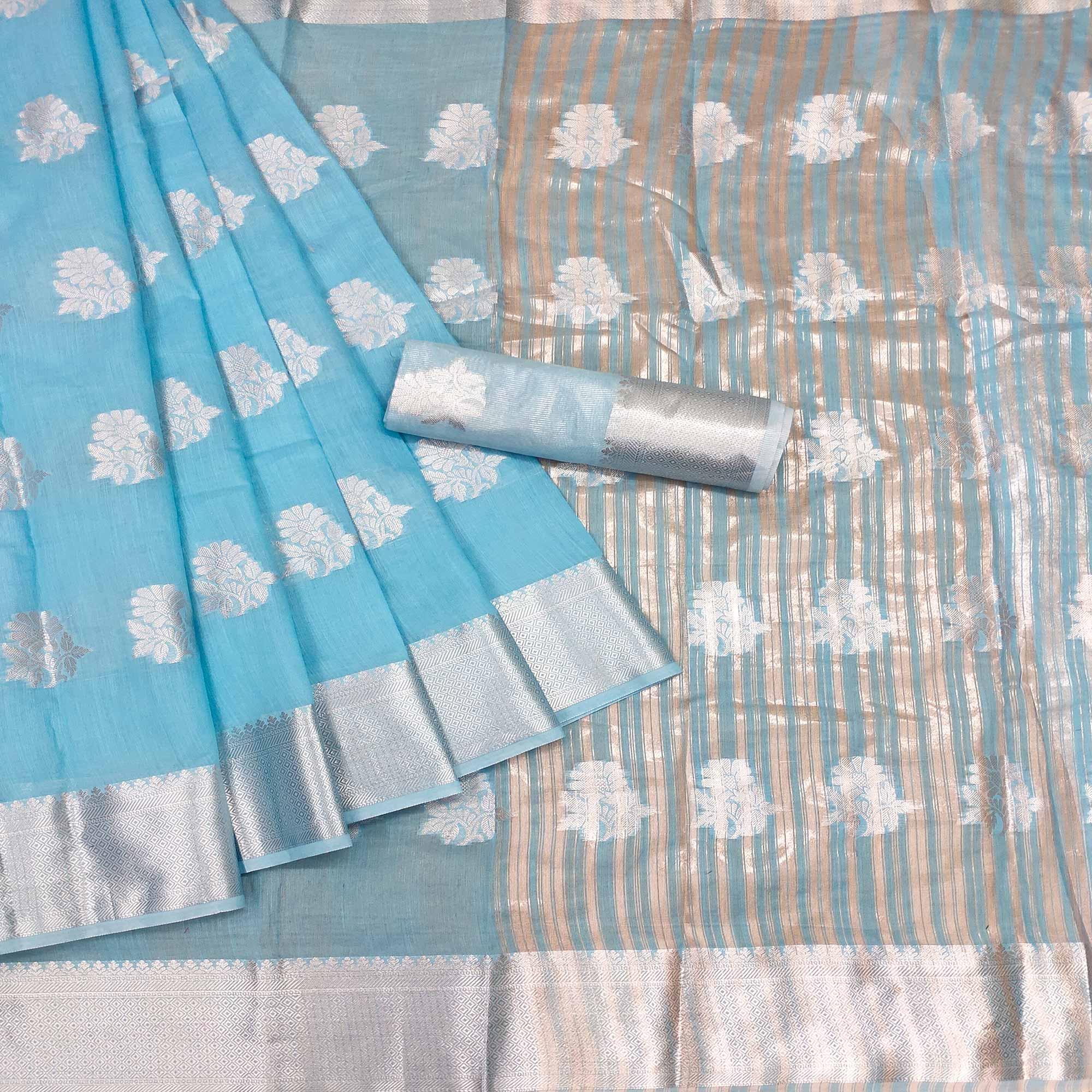 Sky Blue Woven Banarasi Silk Saree - Peachmode