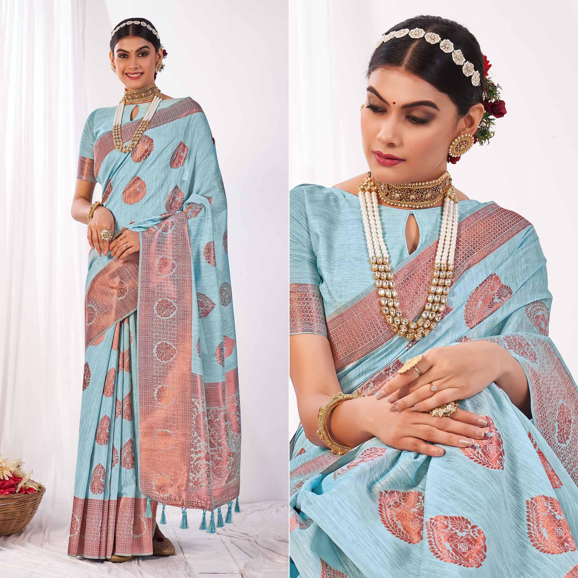 Sky Blue Woven Banarasi Style Linen Saree - Peachmode