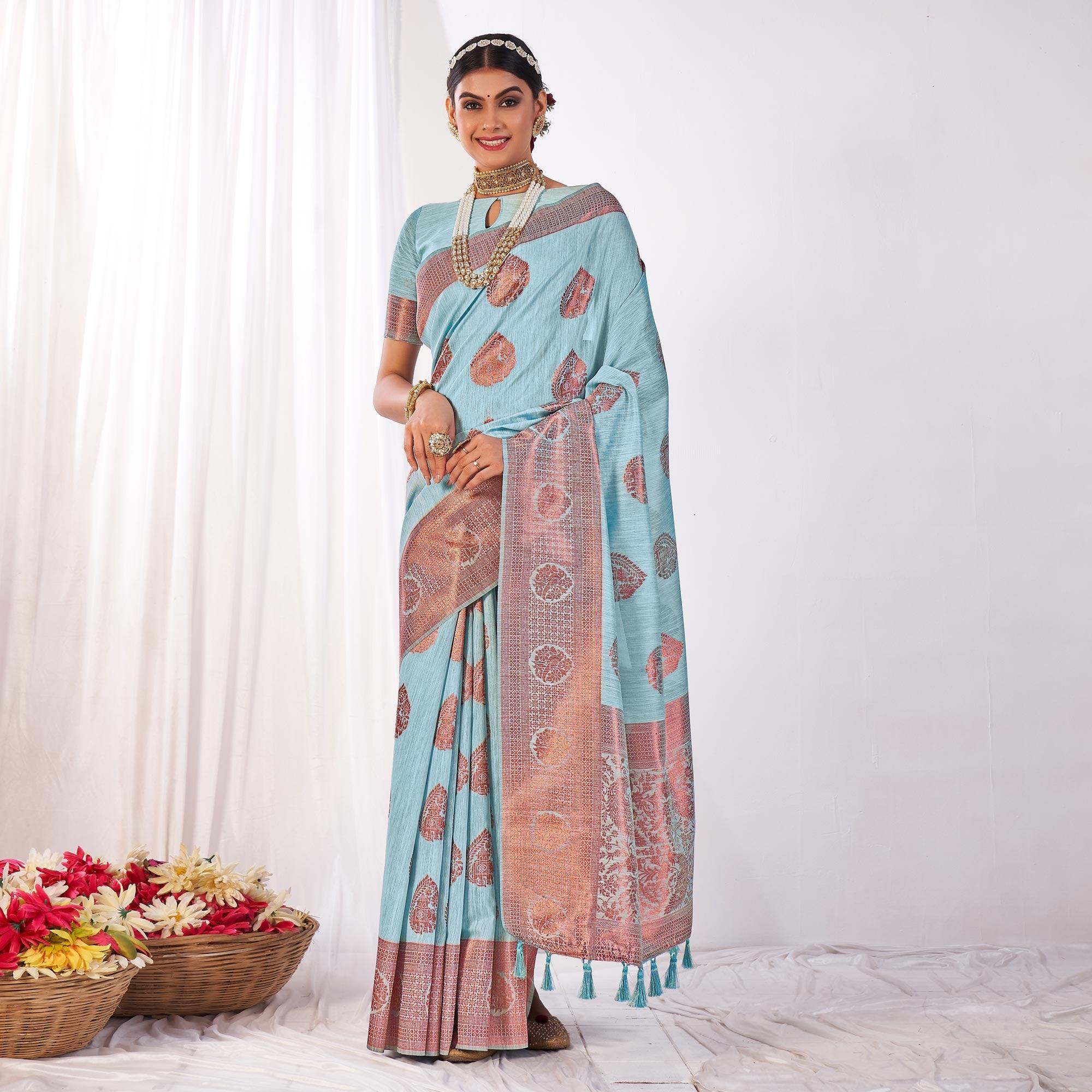 Sky Blue Woven Banarasi Style Linen Saree - Peachmode