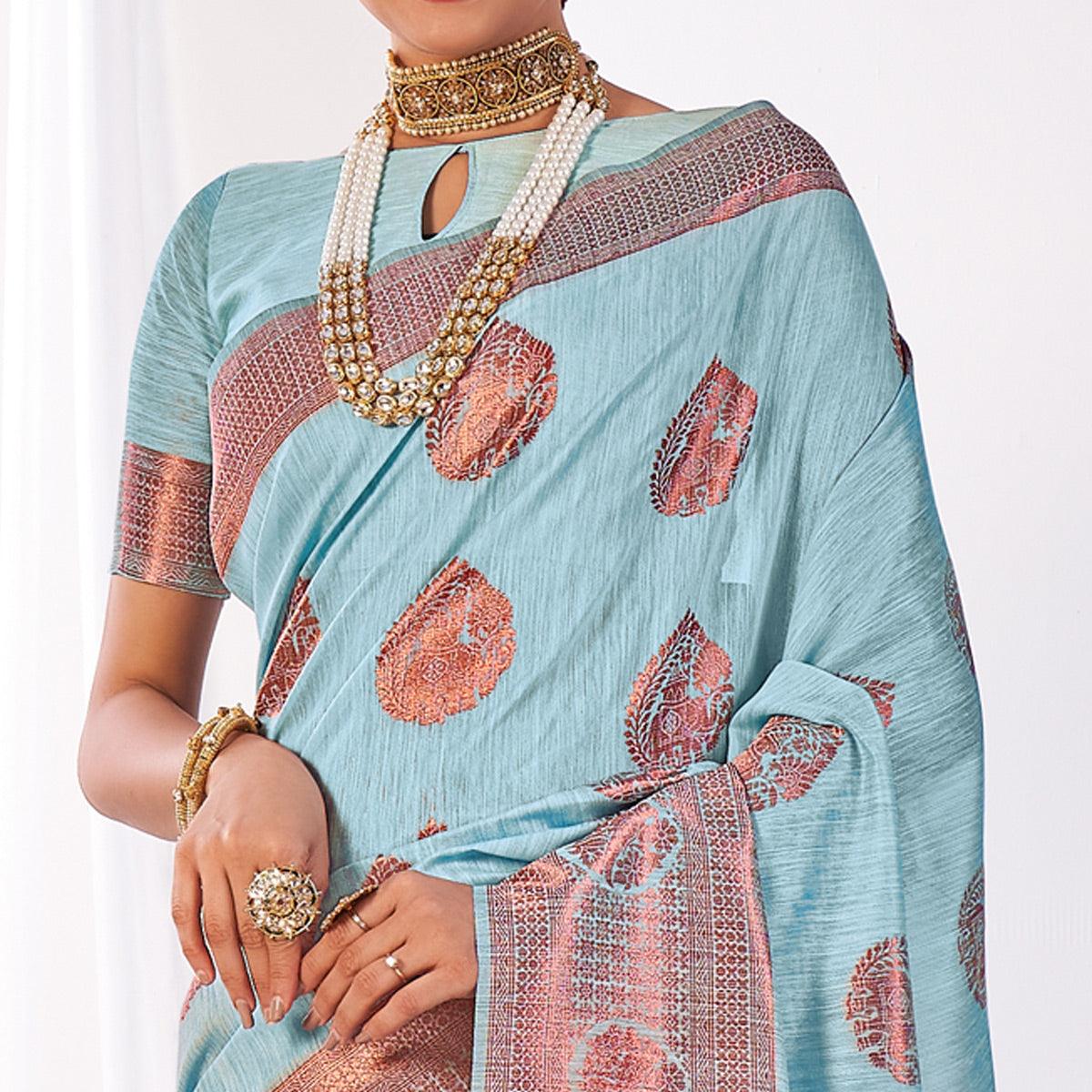 Sky Blue Woven Banarasi Style Linen Saree - Peachmode