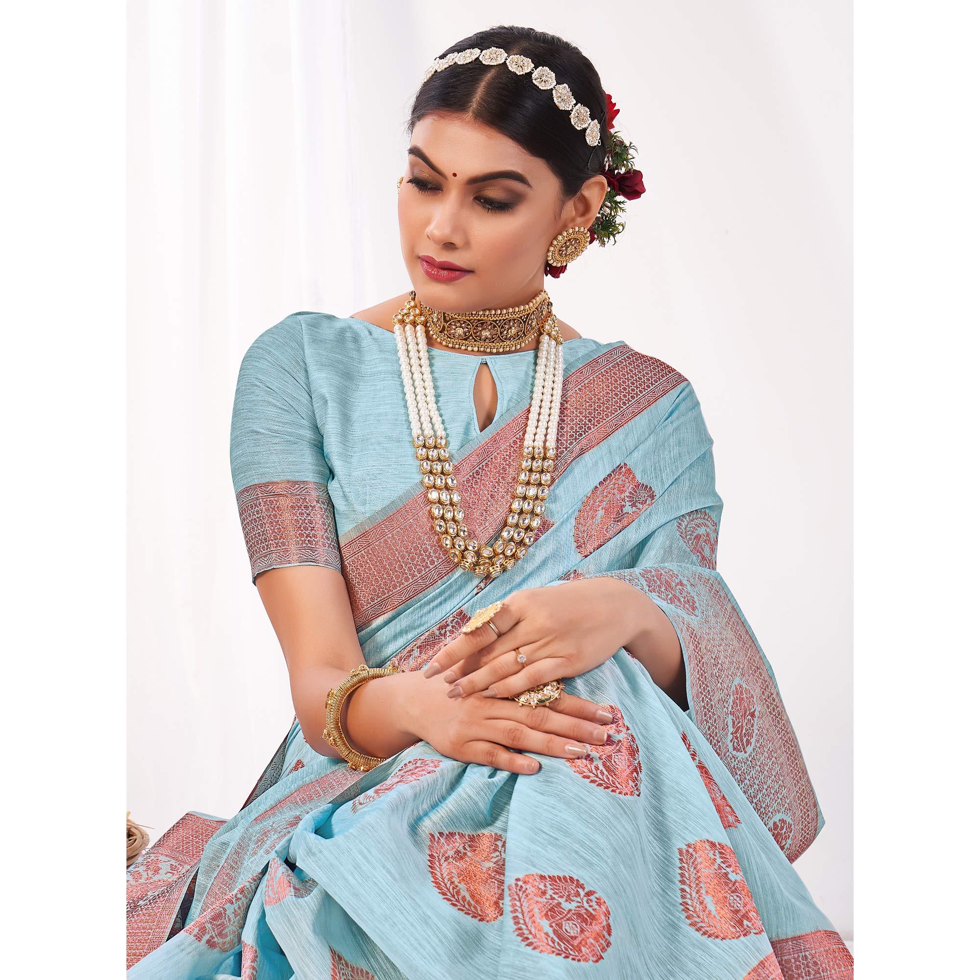 Sky Blue Woven Banarasi Style Linen Saree - Peachmode