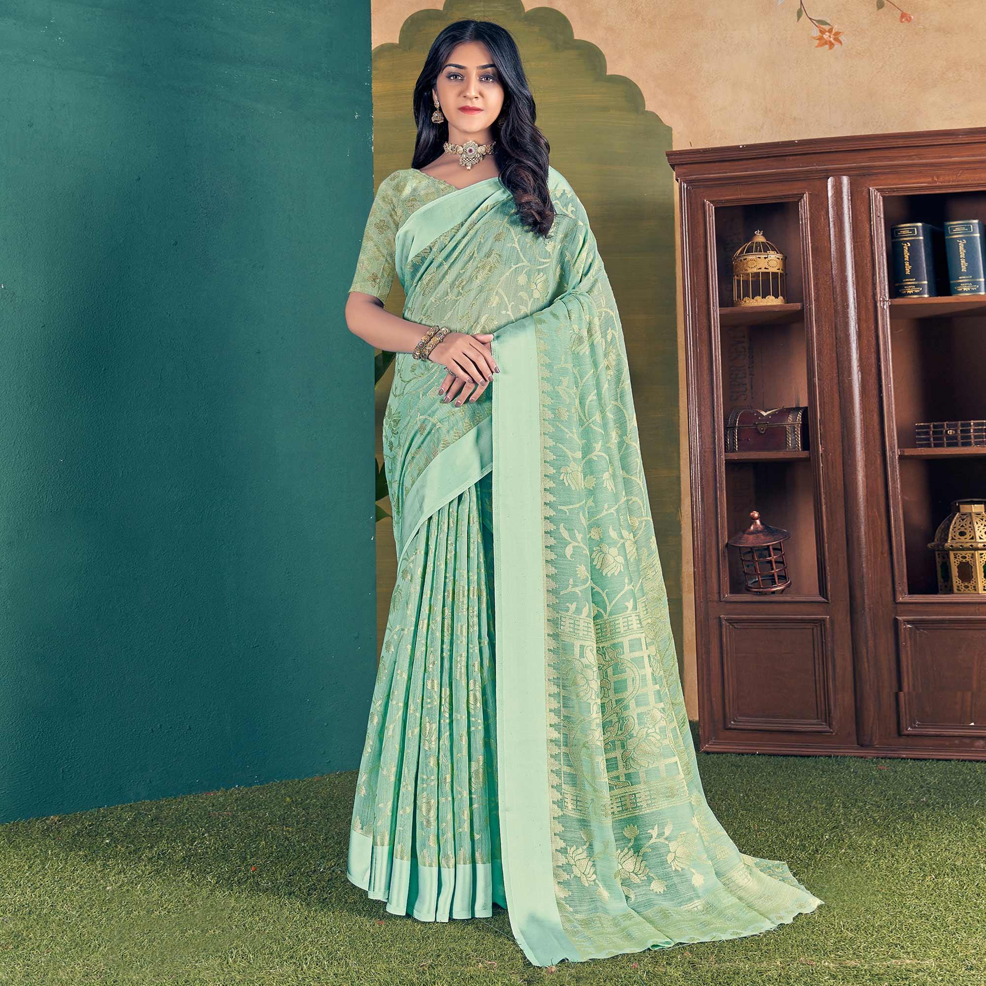 Sky Blue Woven Brasso Saree - Peachmode