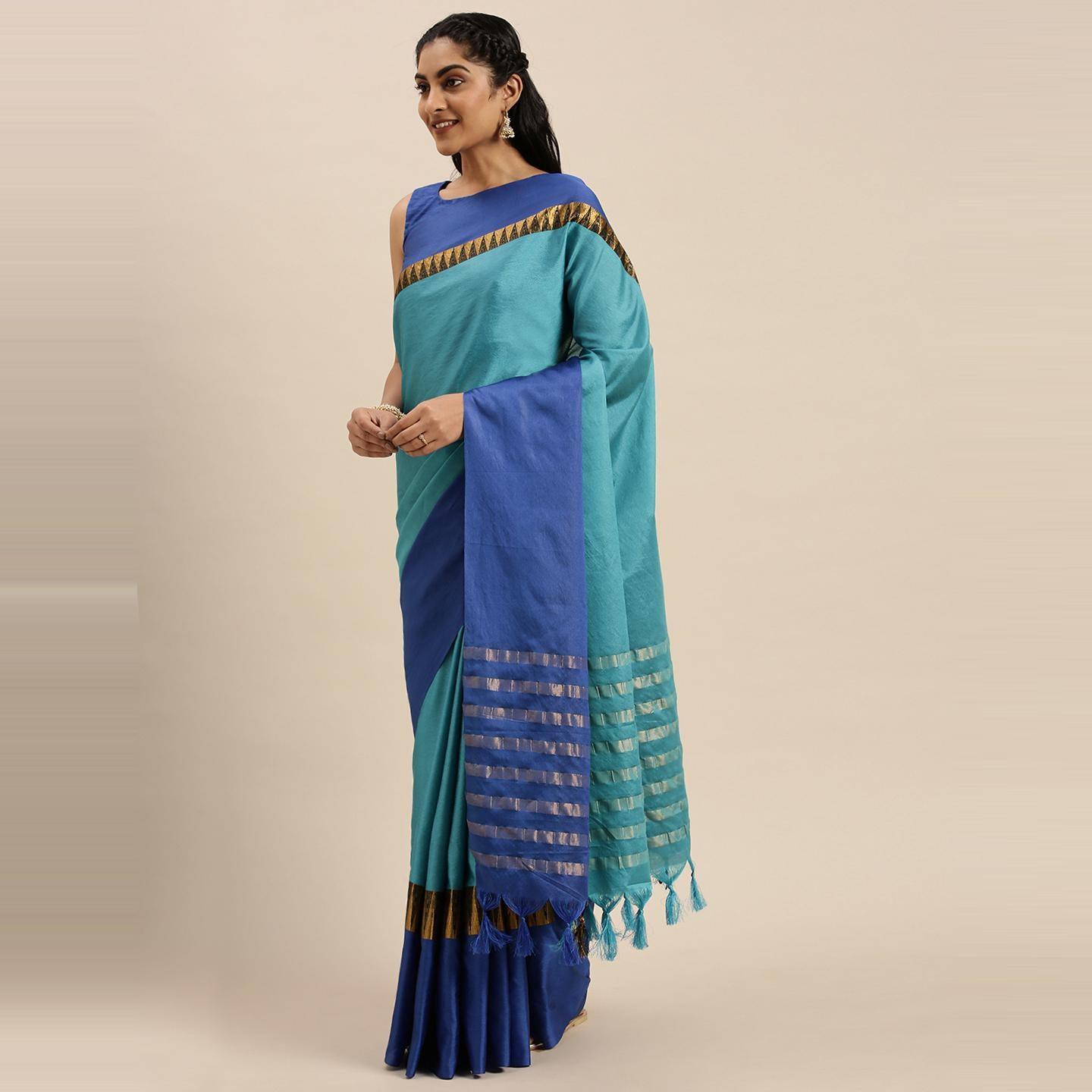 Sky Blue Woven Cotton Silk Saree - Peachmode