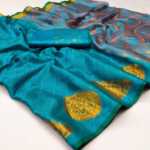 Sky Blue Woven Cotton Silk Saree - Peachmode