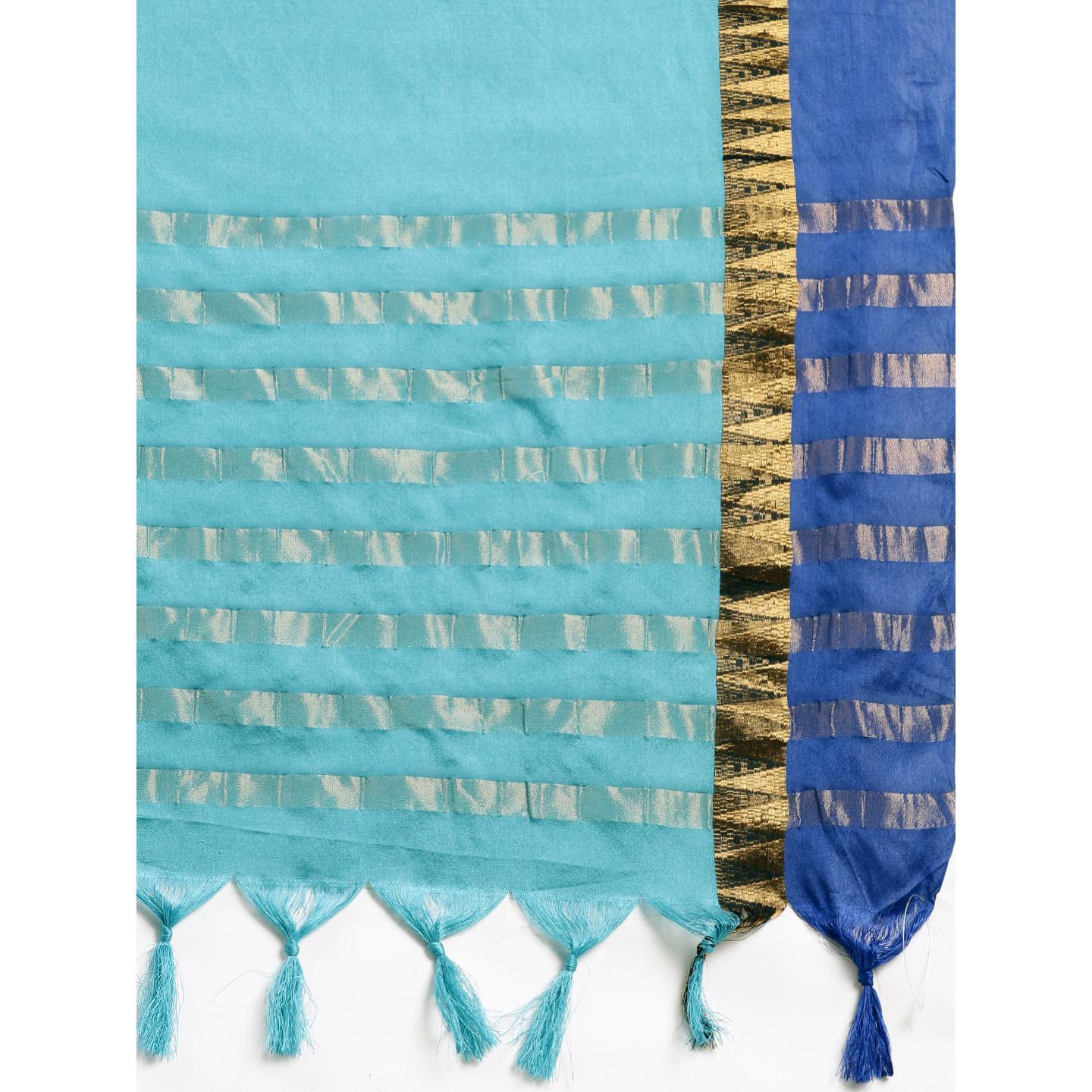 Sky Blue Woven Cotton Silk Saree - Peachmode