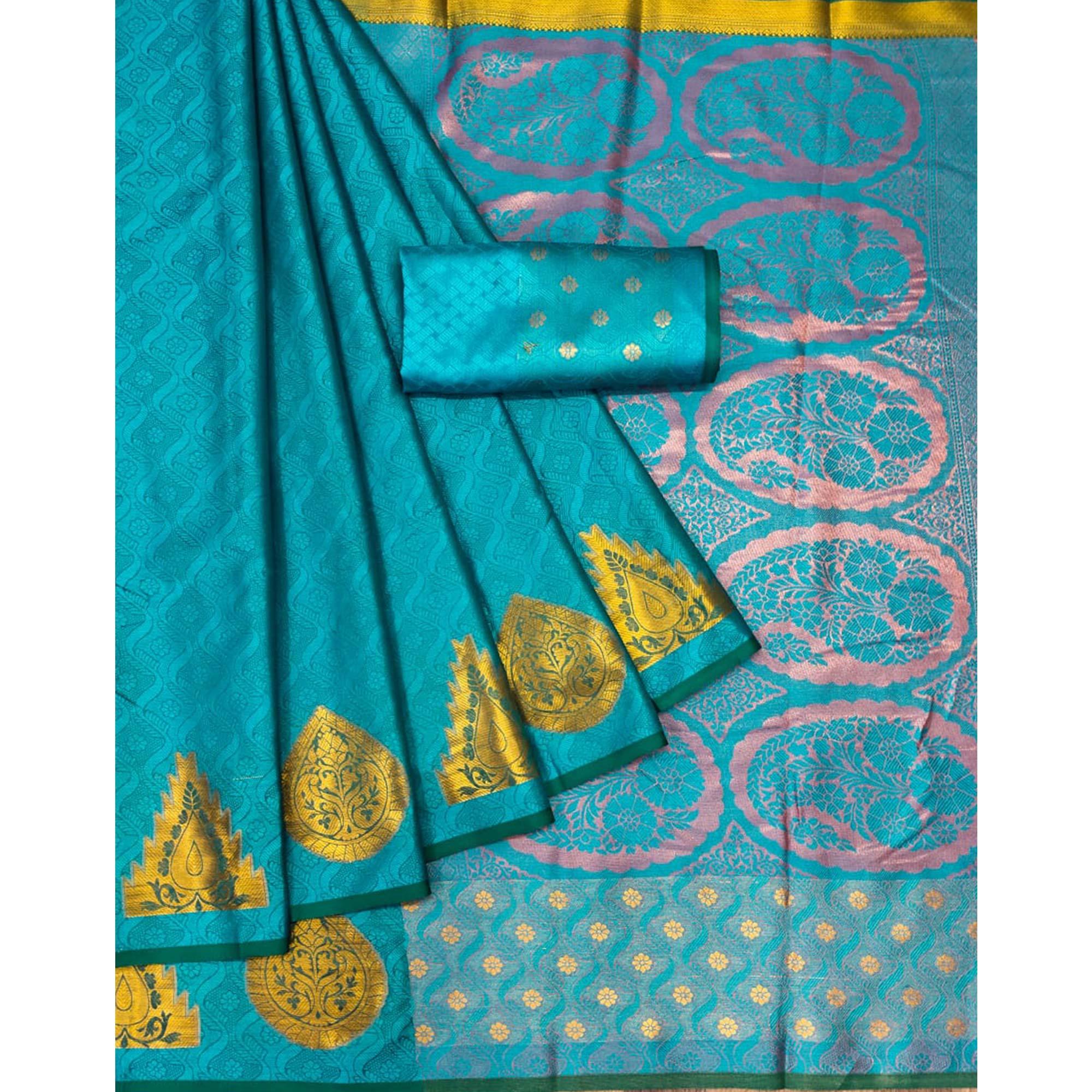 Sky Blue Woven Cotton Silk Saree - Peachmode