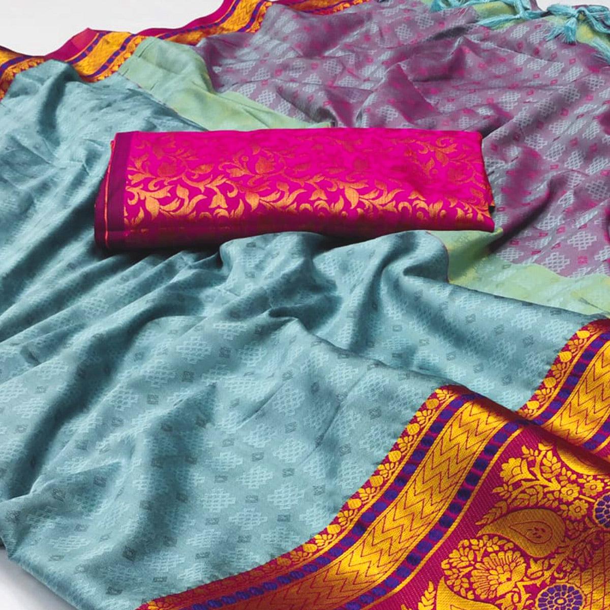 Sky Blue Woven Cotton Silk Saree With Tassels - Peachmode