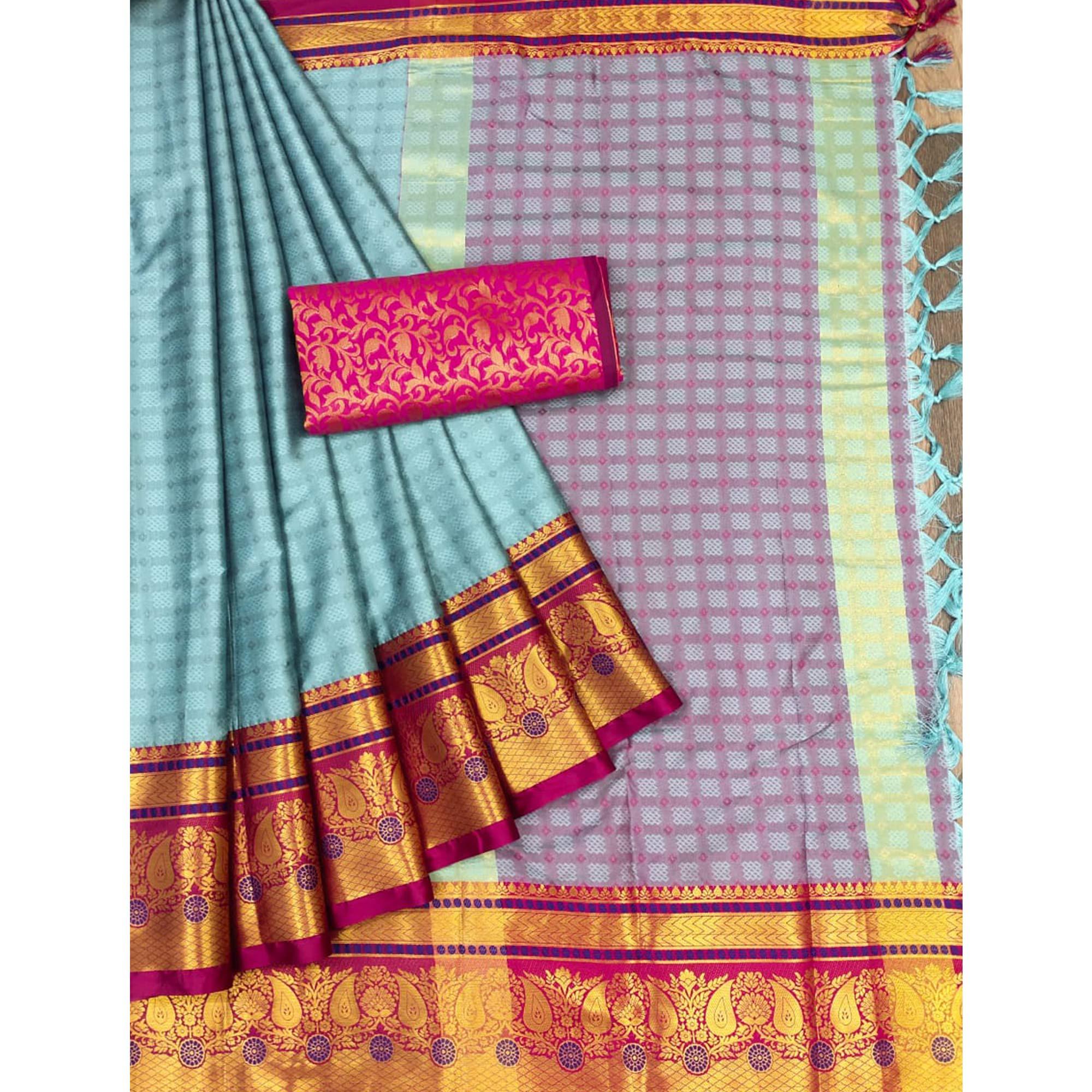 Sky Blue Woven Cotton Silk Saree With Tassels - Peachmode