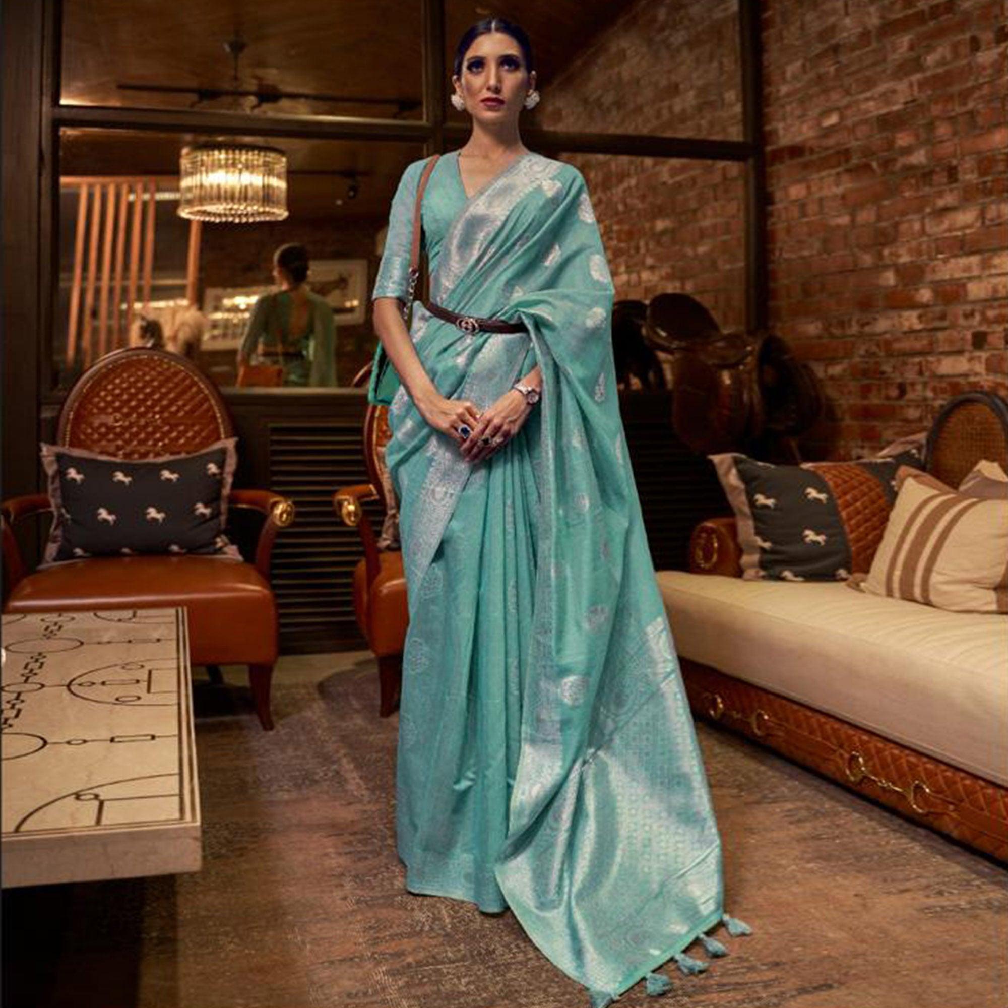Sky Blue Woven Linen Saree With Tassels - Peachmode
