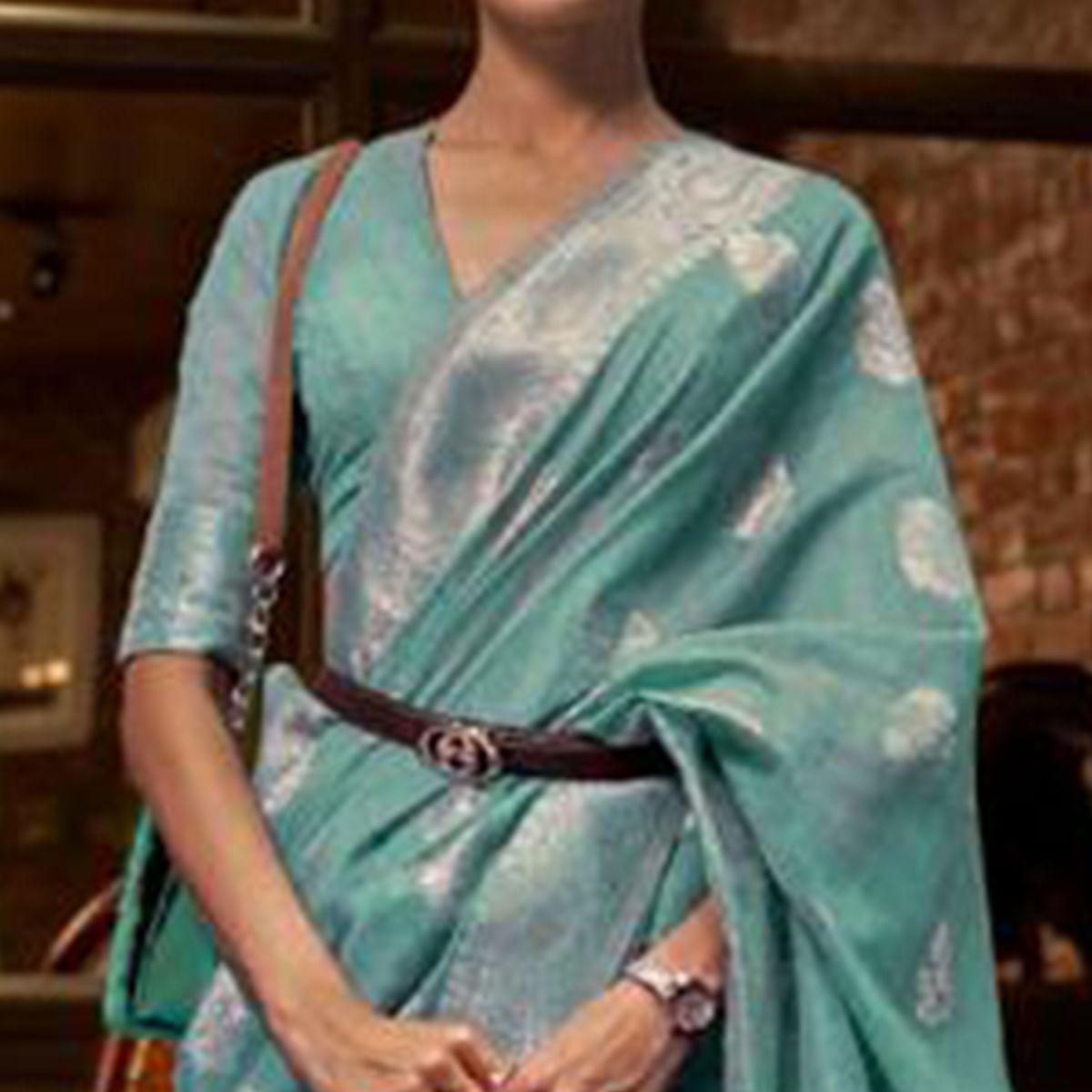 Sky Blue Woven Linen Saree With Tassels - Peachmode