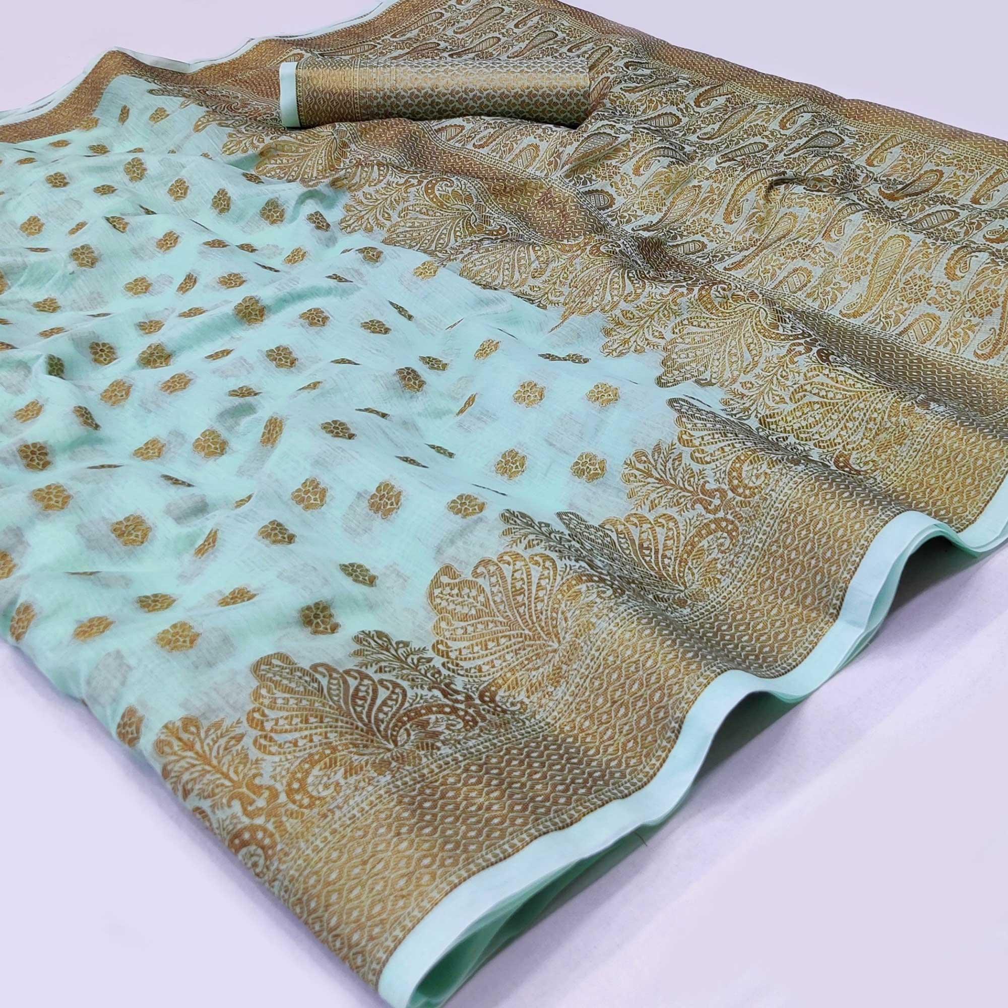 Sky Blue Woven Poly Cotton Saree - Peachmode