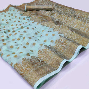 Sky Blue Woven Poly Cotton Saree - Peachmode