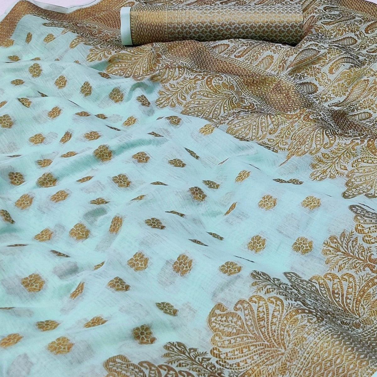 Sky Blue Woven Poly Cotton Saree - Peachmode