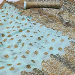 Sky Blue Woven Poly Cotton Saree - Peachmode