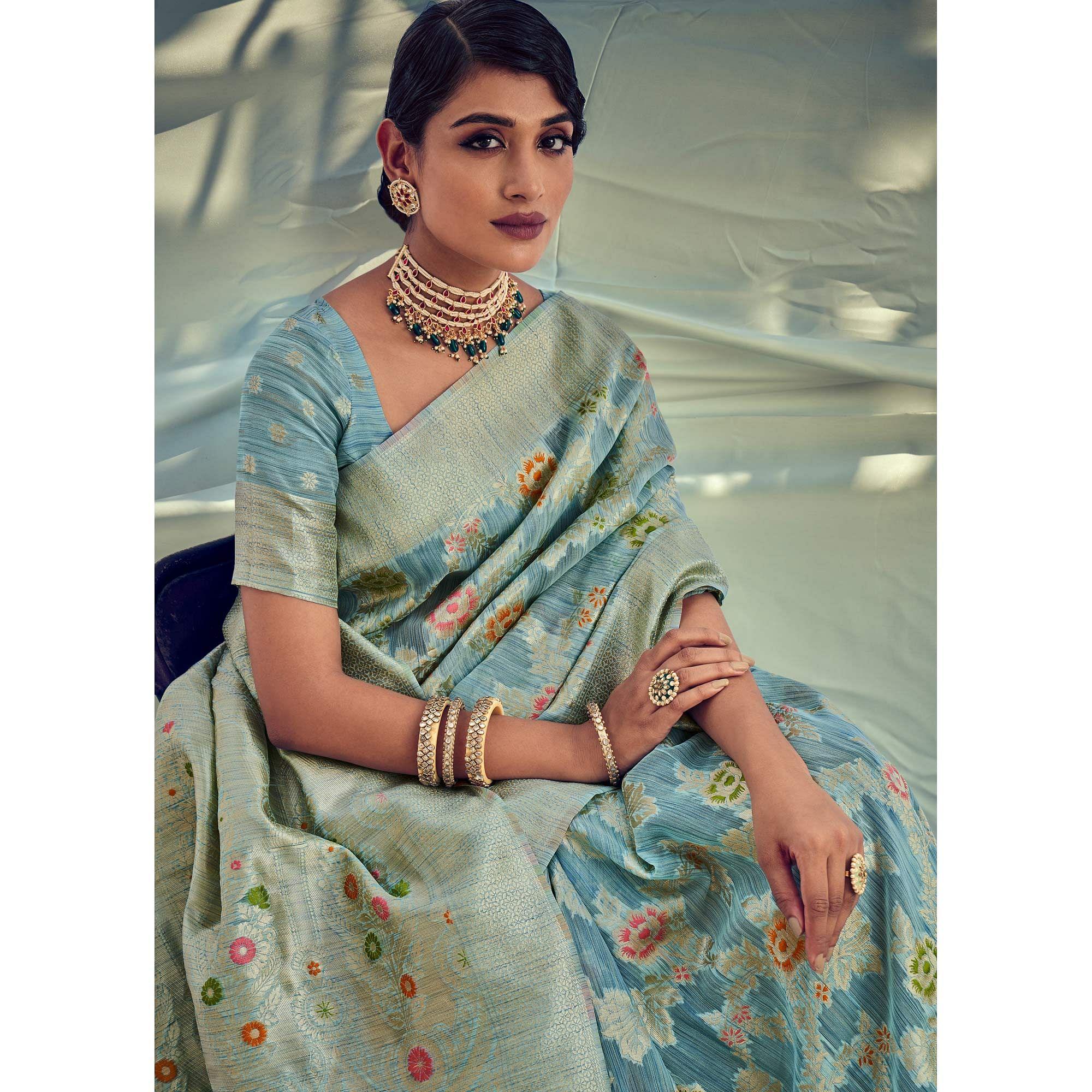 Sky Blue Woven Pure Silk Saree With Tassels - Peachmode