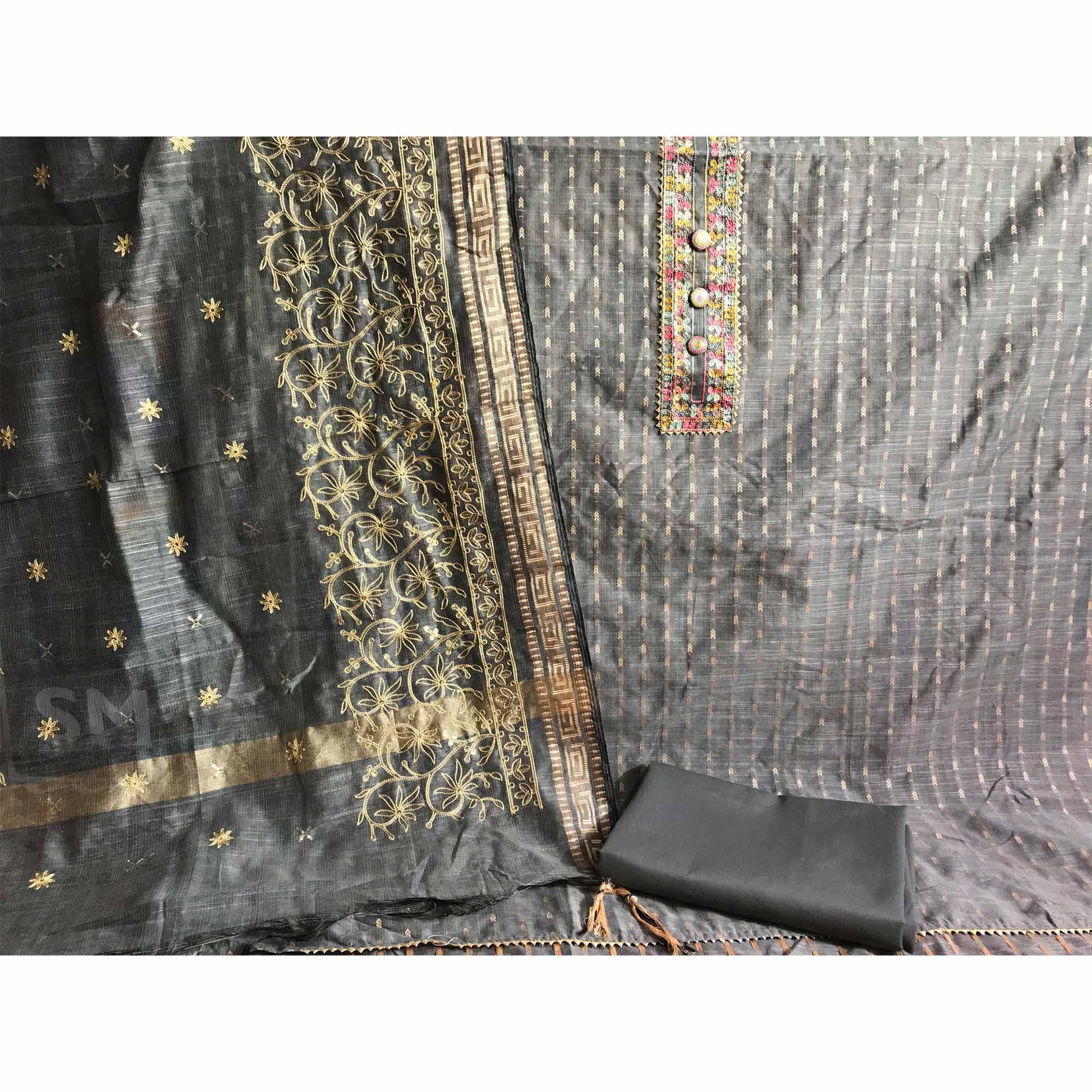Slate Grey Festive Wear Embroidered Silk Cotton Dress Material - Peachmode