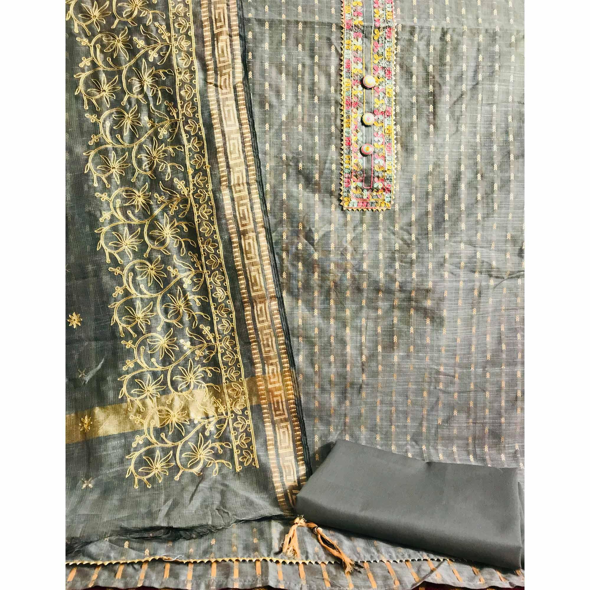 Slate Grey Festive Wear Embroidered Silk Cotton Dress Material - Peachmode