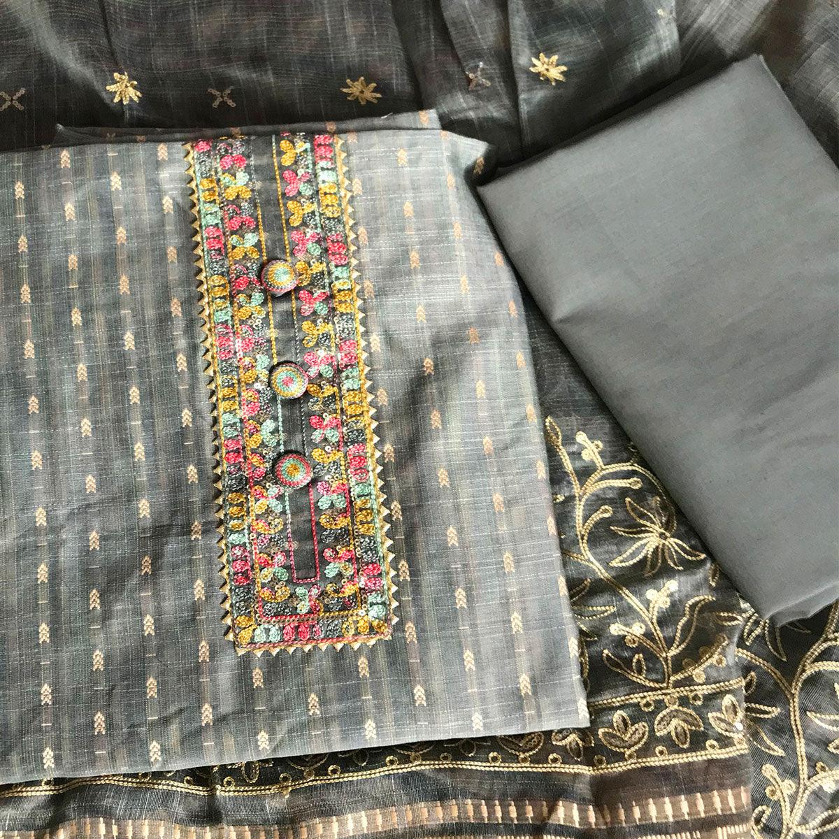 Slate Grey Festive Wear Embroidered Silk Cotton Dress Material - Peachmode