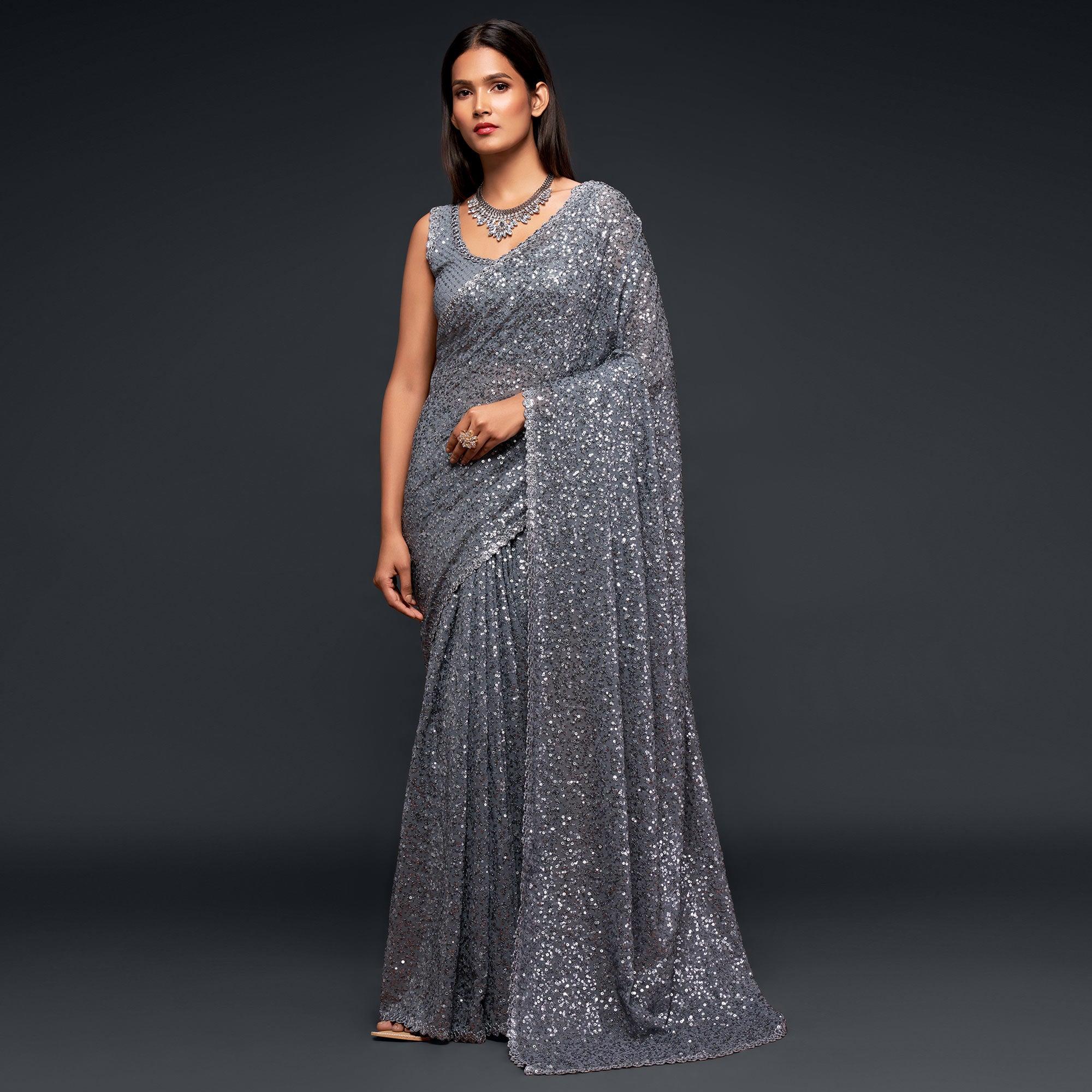 Slate Grey Partywear Thread & Sequins Embroidered Georgette Saree - Peachmode