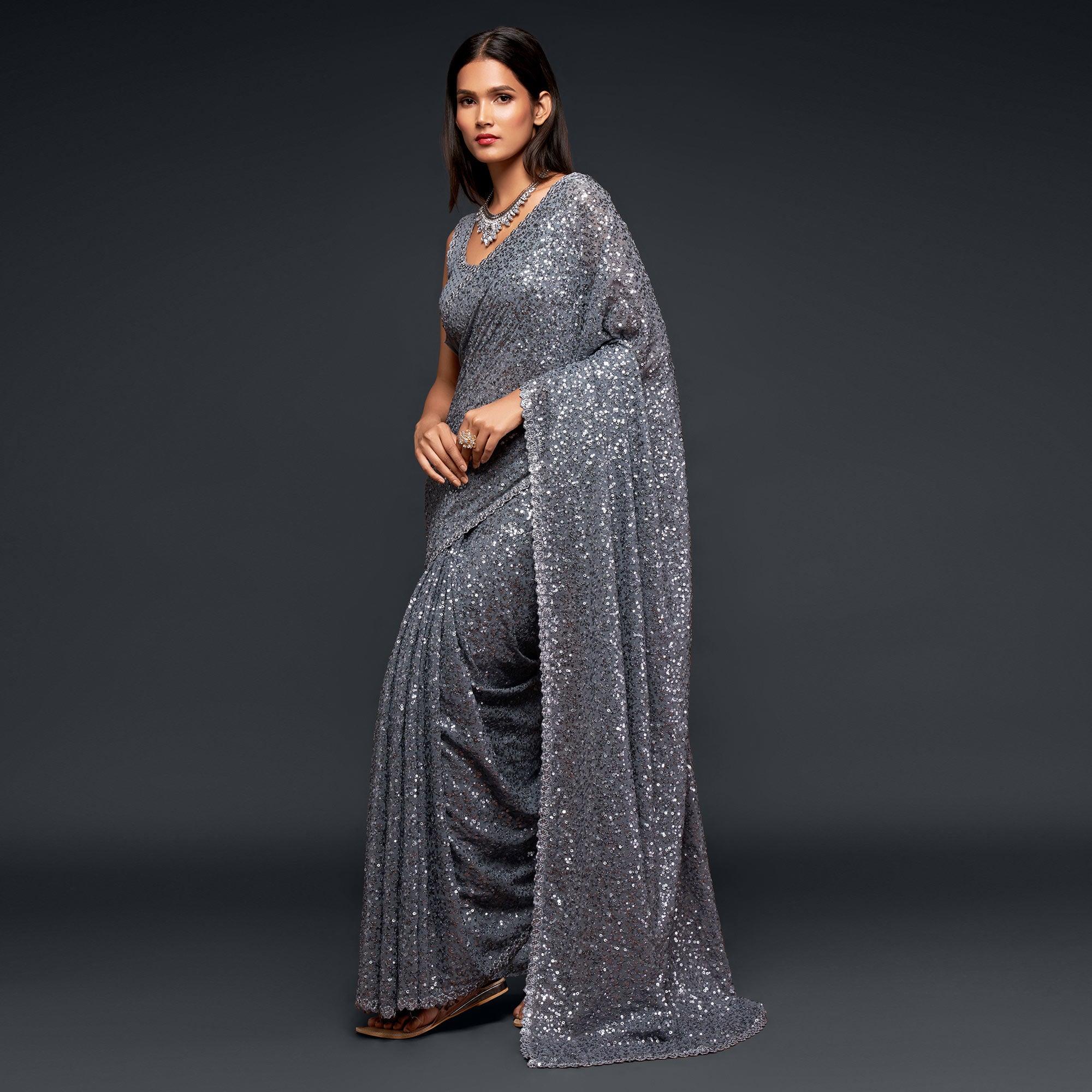 Slate Grey Partywear Thread & Sequins Embroidered Georgette Saree - Peachmode