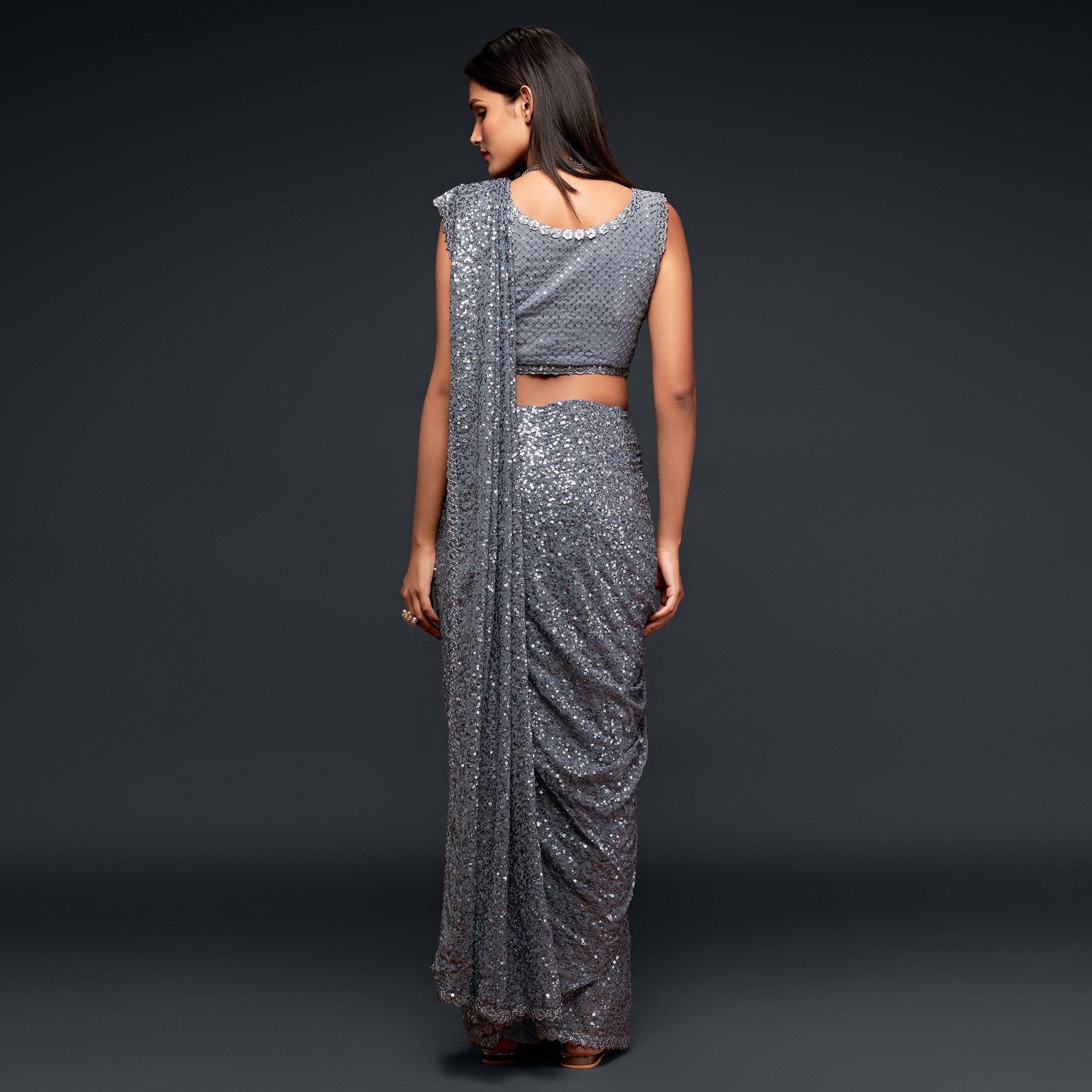 Slate Grey Partywear Thread & Sequins Embroidered Georgette Saree - Peachmode