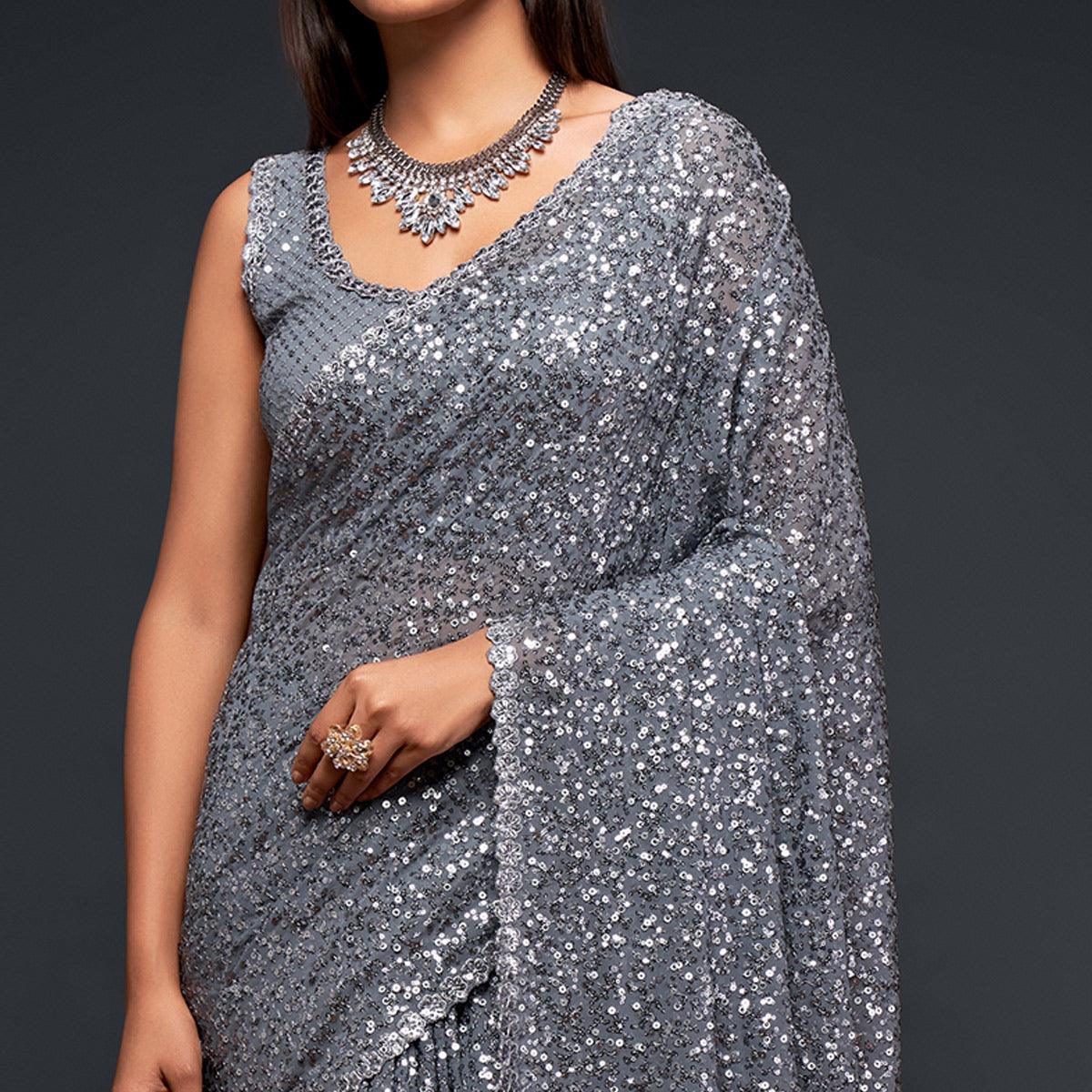 Slate Grey Partywear Thread & Sequins Embroidered Georgette Saree - Peachmode