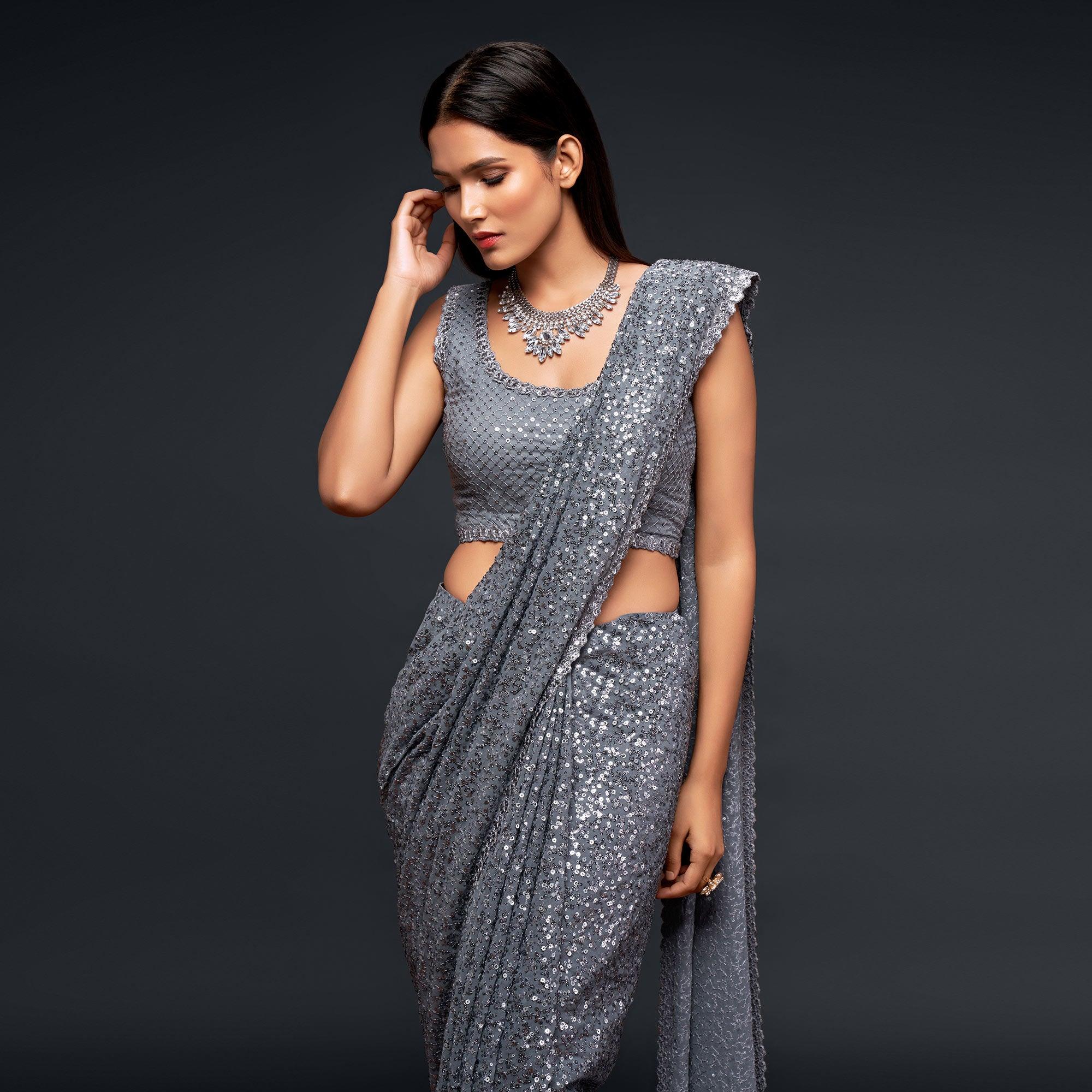 Slate Grey Partywear Thread & Sequins Embroidered Georgette Saree - Peachmode