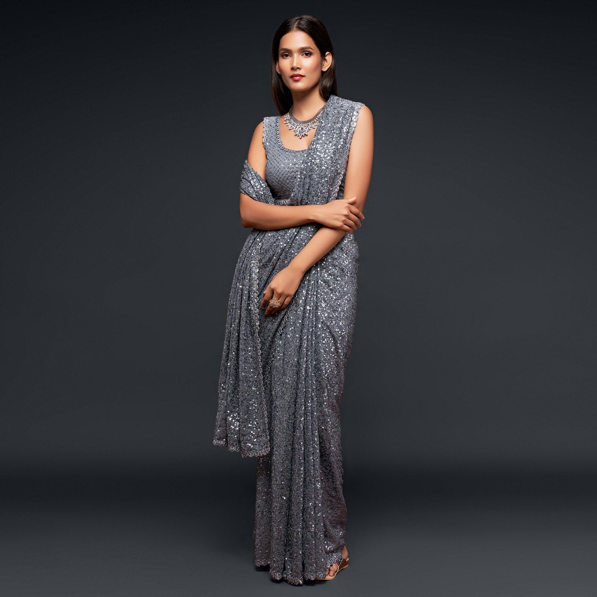 Slate Grey Partywear Thread & Sequins Embroidered Georgette Saree - Peachmode