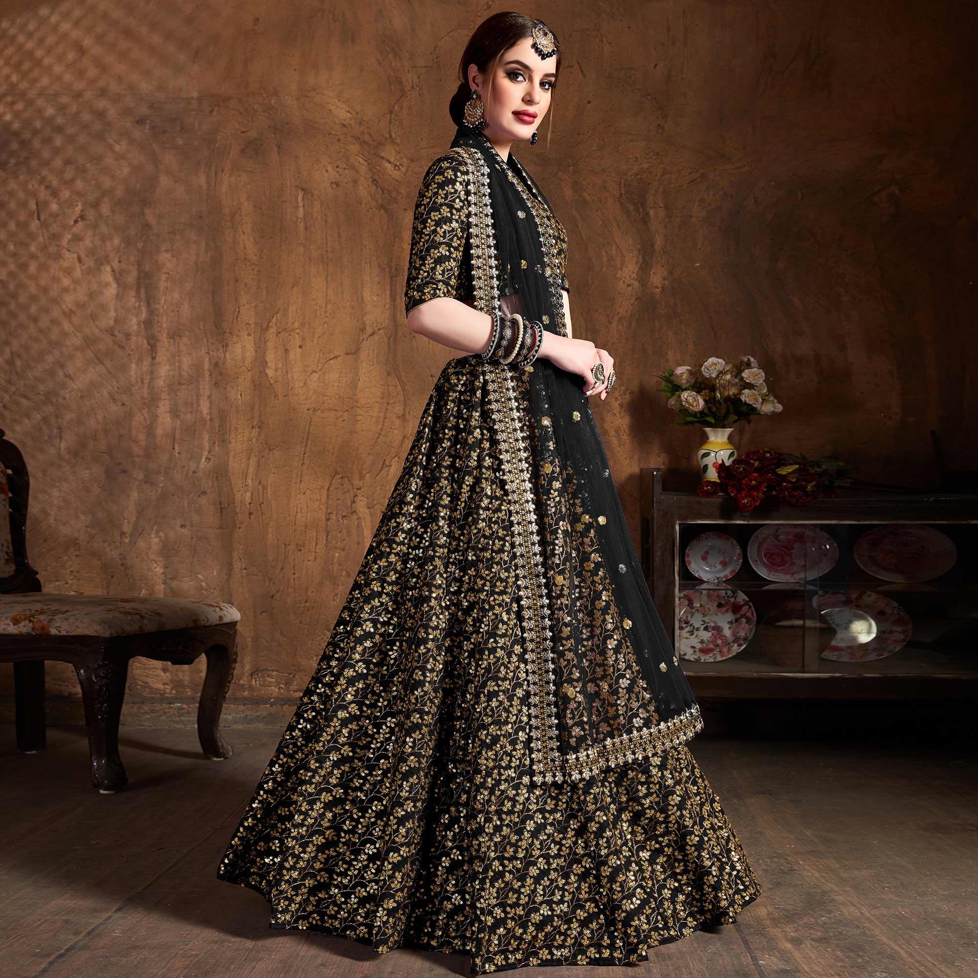 Smart Black Colored Designer Heavy Embroidered Raw Silk Lehenga - Peachmode