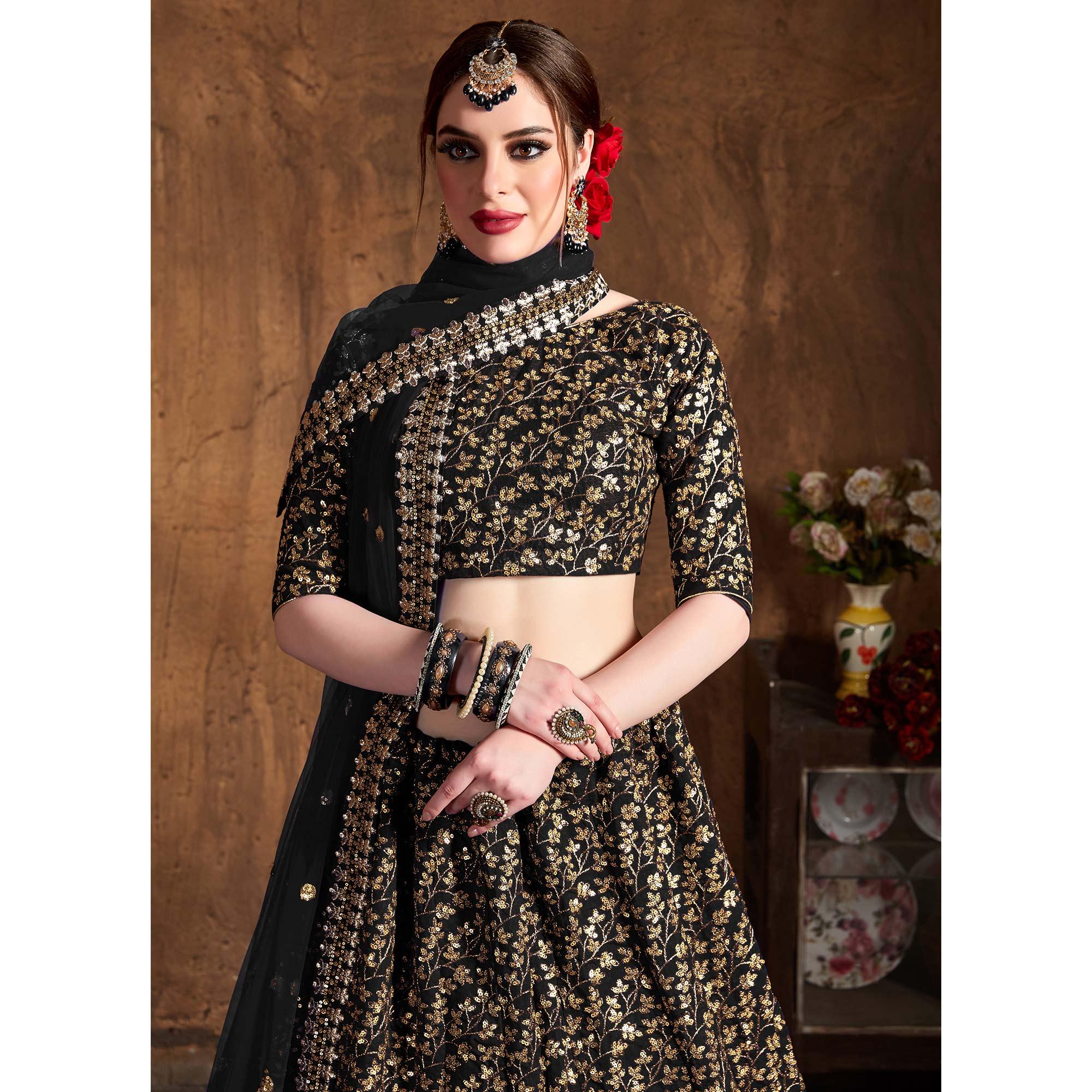 Smart Black Colored Designer Heavy Embroidered Raw Silk Lehenga - Peachmode