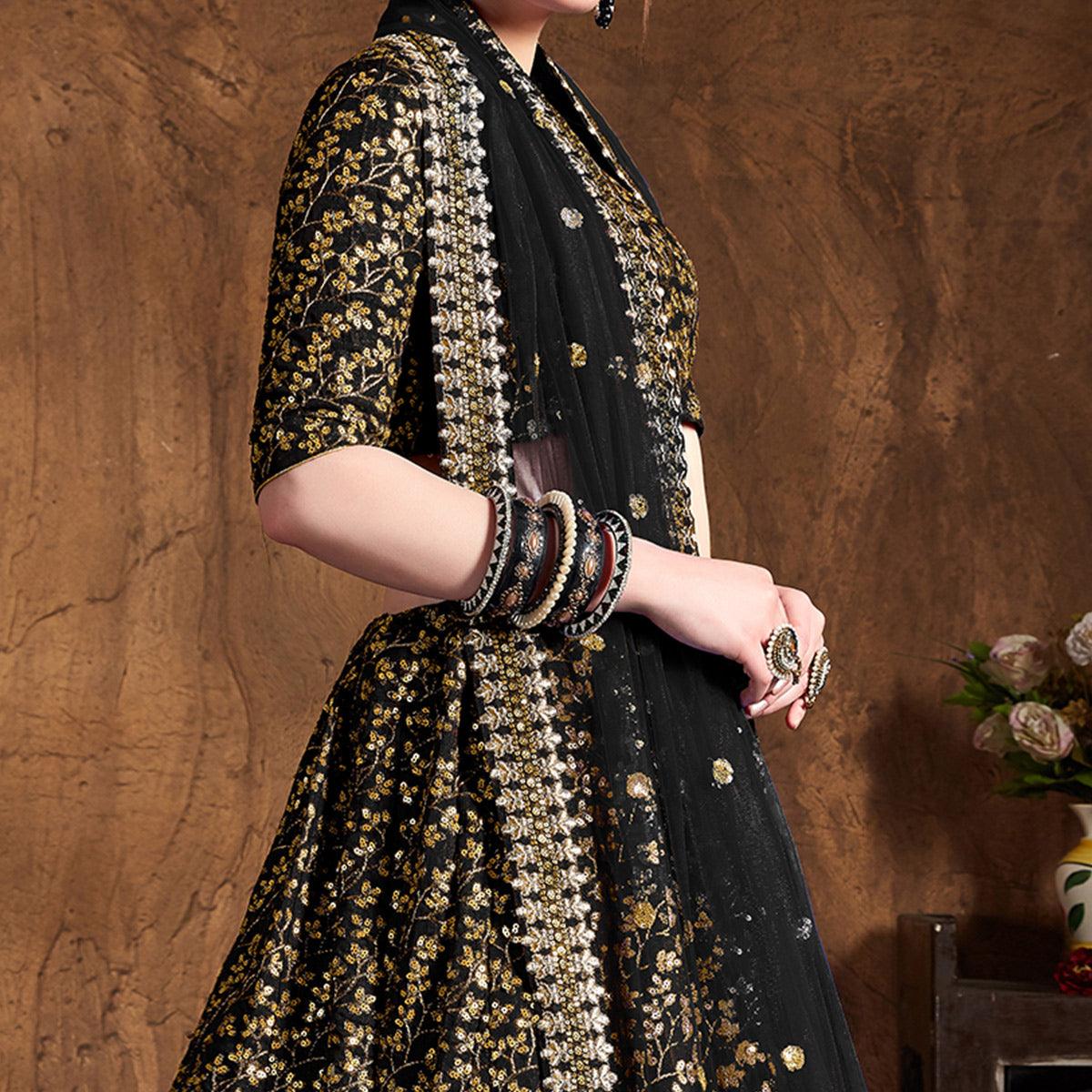 Smart Black Colored Designer Heavy Embroidered Raw Silk Lehenga - Peachmode