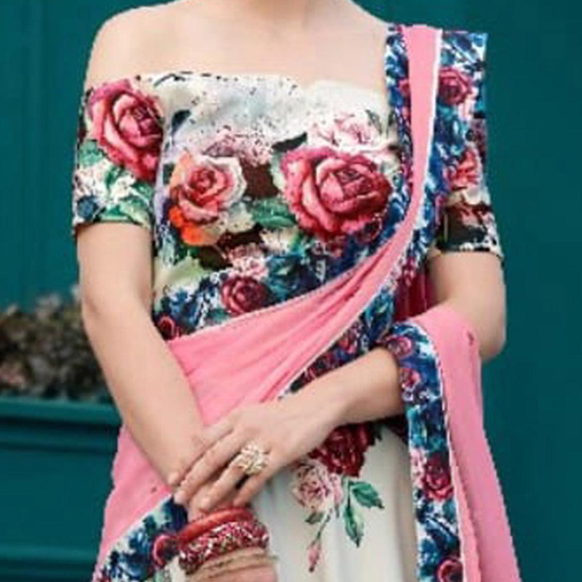 Smart White Colored Designer Partywear Digital Printed Silk Lehenga Choli - Peachmode