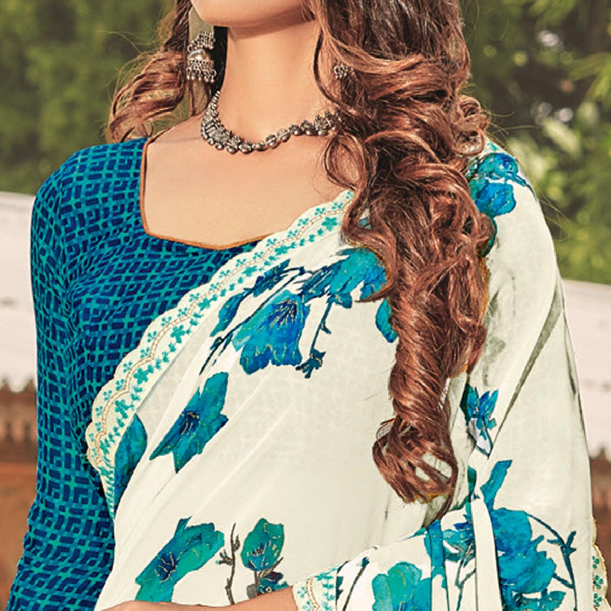 Snow Blue Casual Wear Floral Printed Georgette Saree - Peachmode