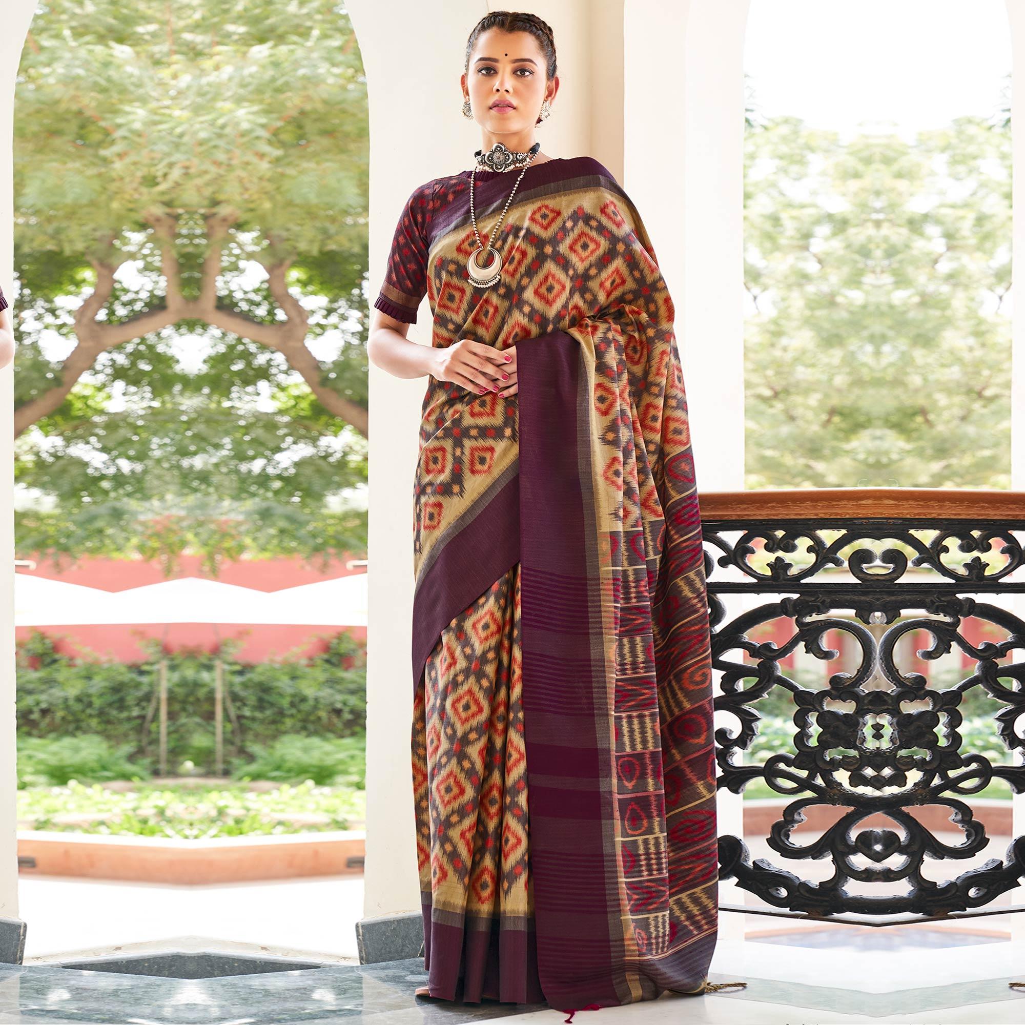Sophisticated Beige & Grey Coloured Partywear Woven Silk Saree - Peachmode
