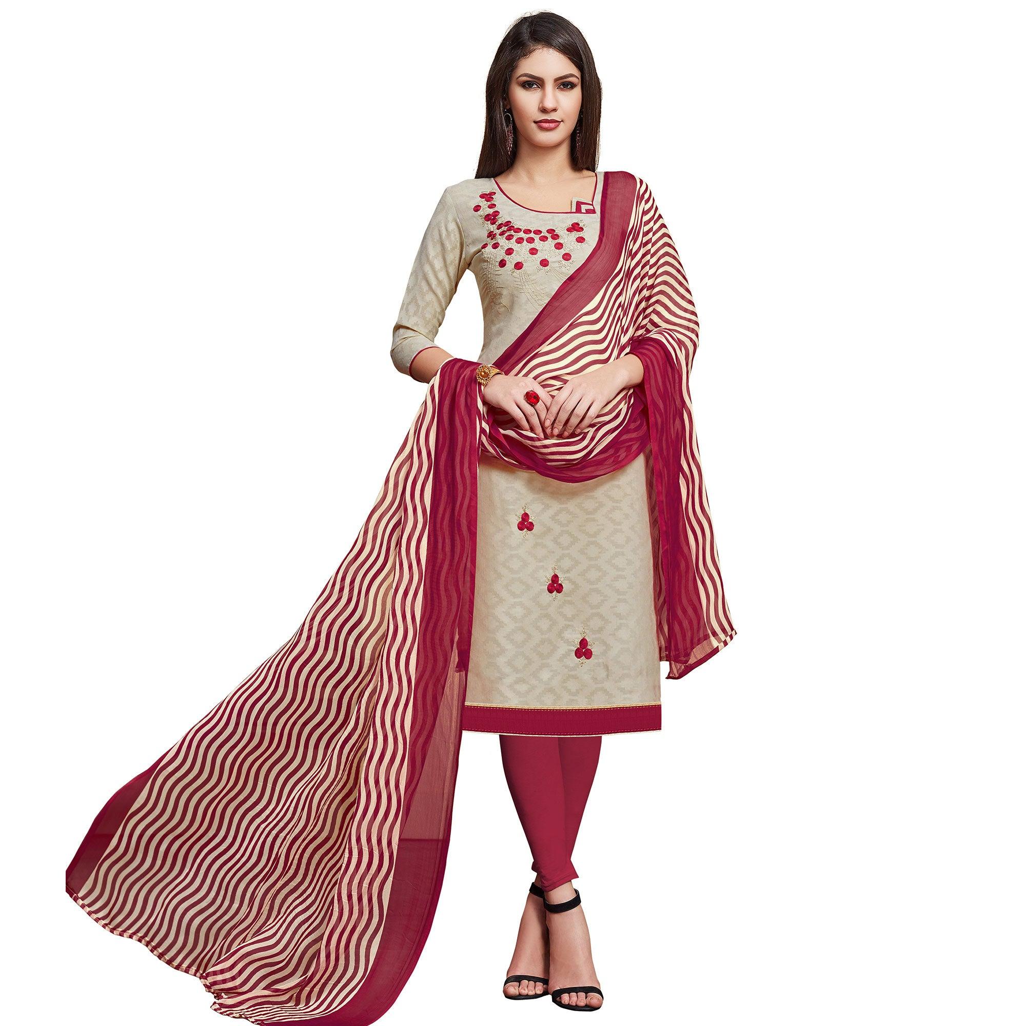 Sophisticated Beige Colored Casual Wear Embroidered Jacquard Dress Material - Peachmode