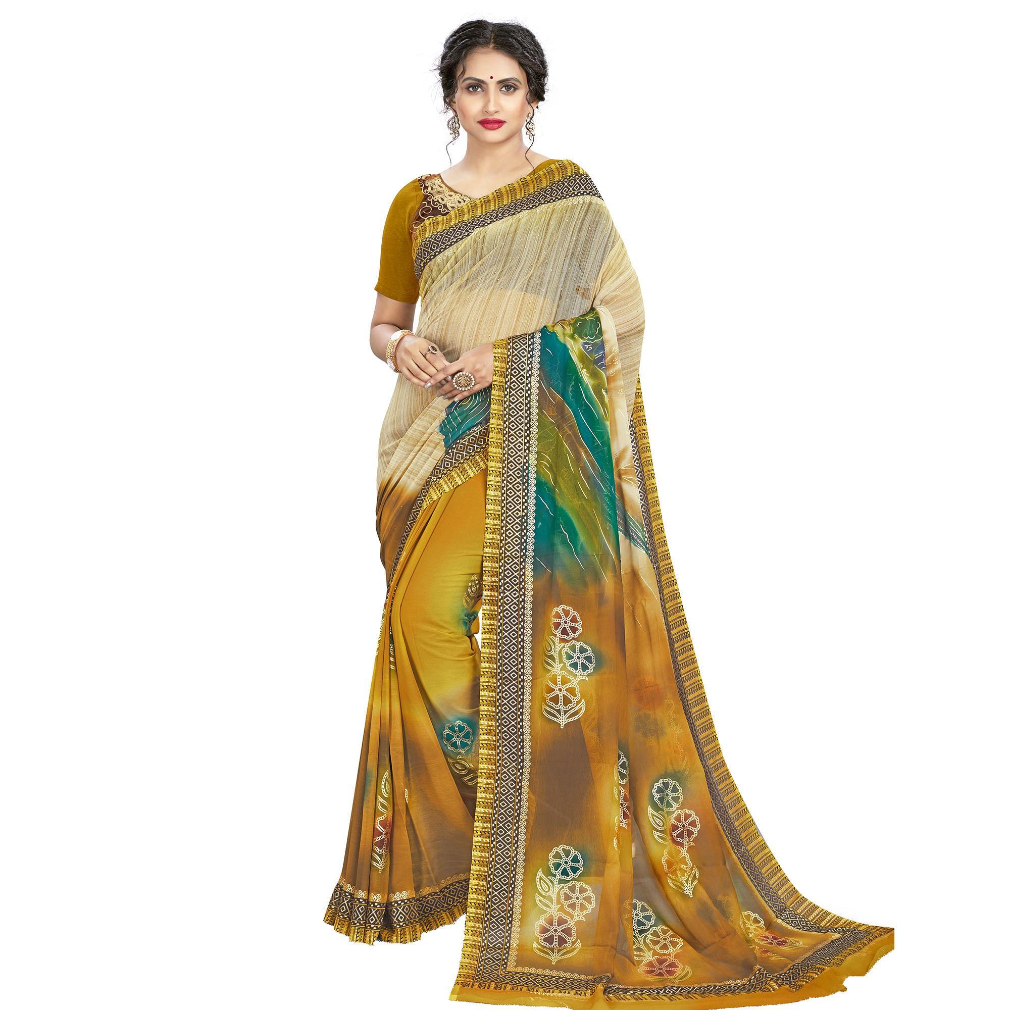 Sophisticated Beige - Mustard Colored Casual Wear Printed Georgette Saree - Peachmode