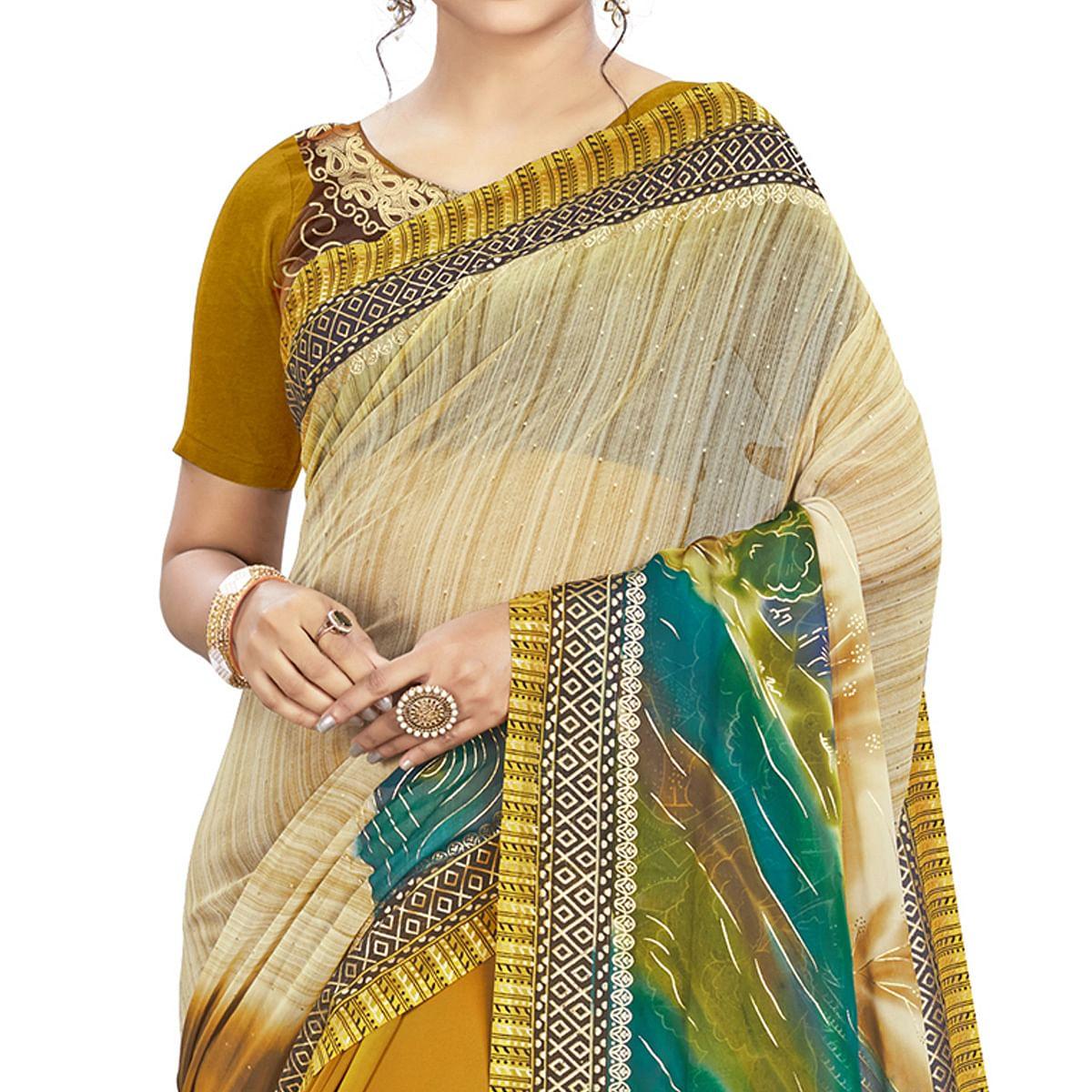 Sophisticated Beige - Mustard Colored Casual Wear Printed Georgette Saree - Peachmode