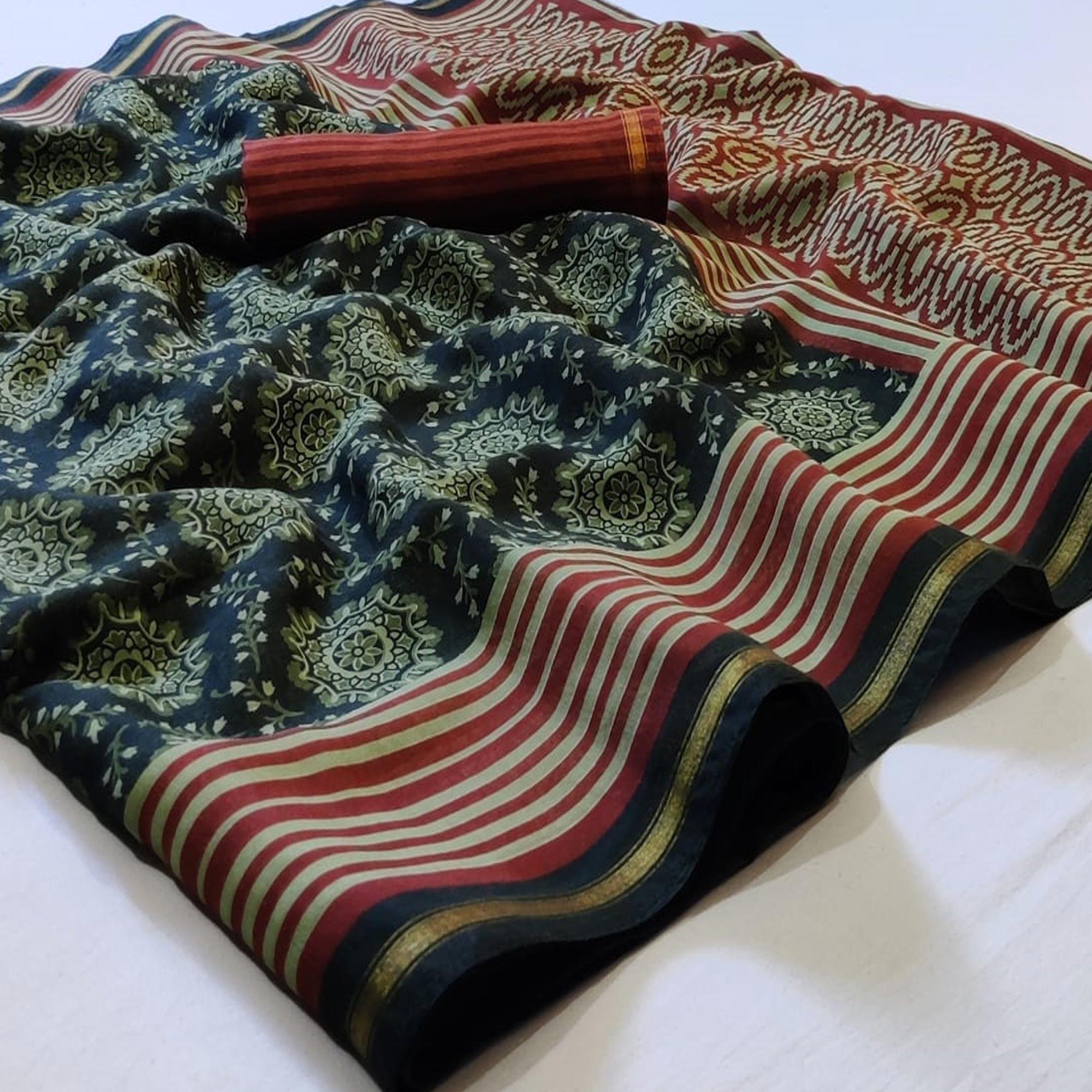 Sophisticated Black Colored Casual Wear Printed Cotton Saree - Peachmode