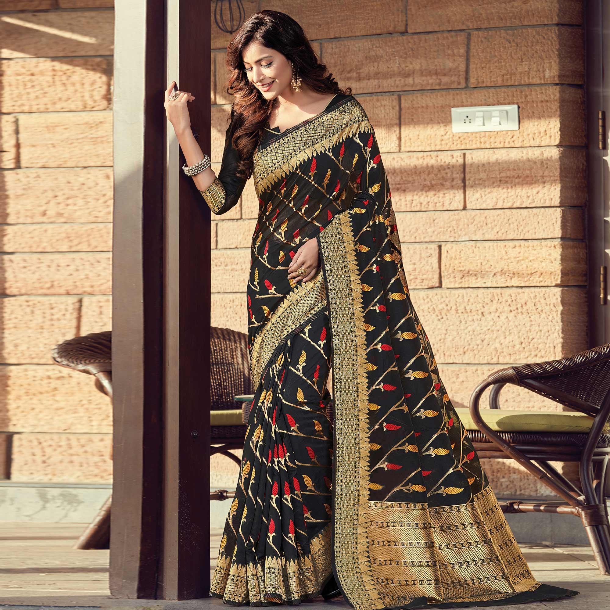 Sophisticated Black Colored Festive Wear Woven Cotton Handloom Saree - Peachmode
