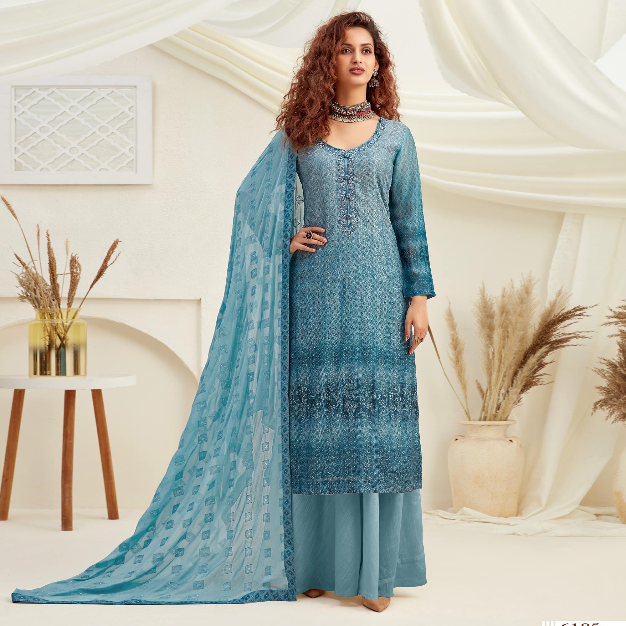 Sophisticated Blue Colored Embroidered With Digital Printed Partywear Pure Viscose Chinnon Chiffon Palazzo Suit - Peachmode