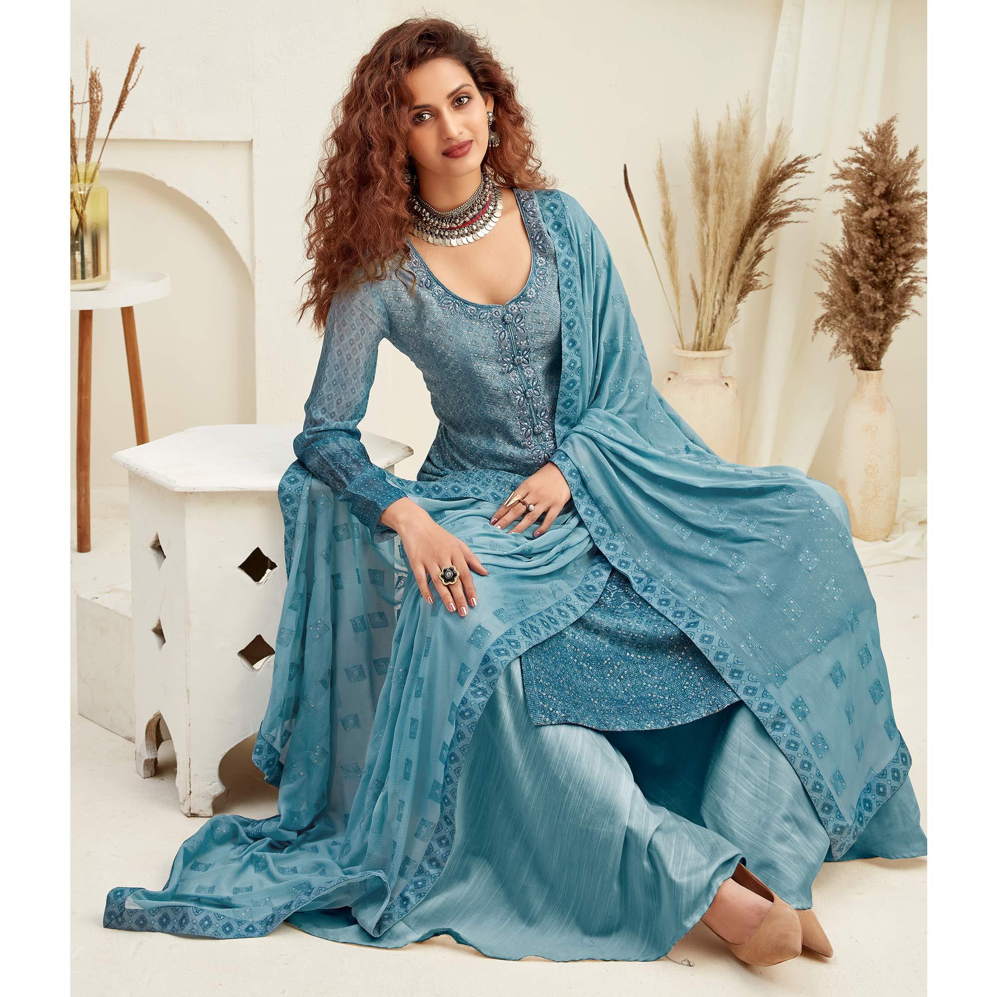 Sophisticated Blue Colored Embroidered With Digital Printed Partywear Pure Viscose Chinnon Chiffon Palazzo Suit - Peachmode