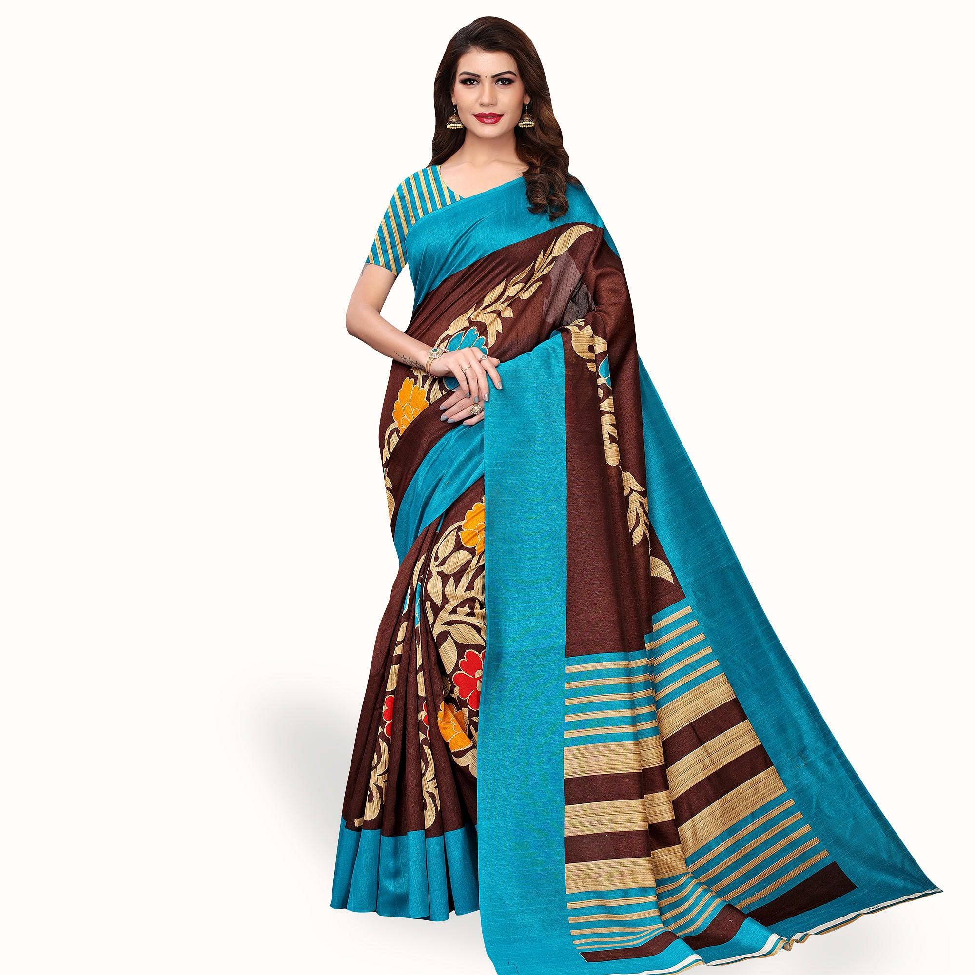 Sophisticated Brown Colored Casual Wear Printed Bhagalpuri Silk Saree - Peachmode