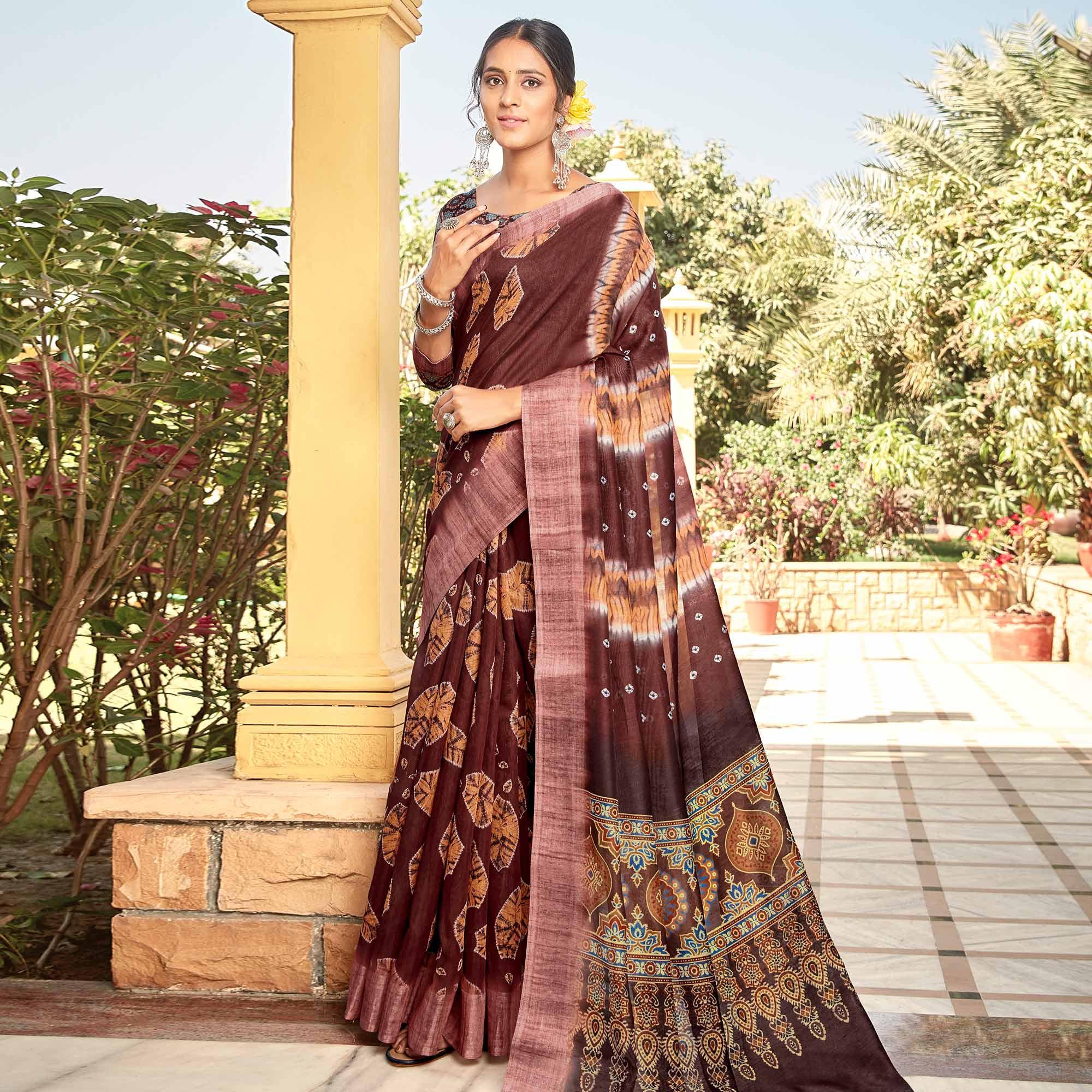 Sophisticated Brown Colored Digital Printed Festive Wear Linen Designer Saree - Peachmode