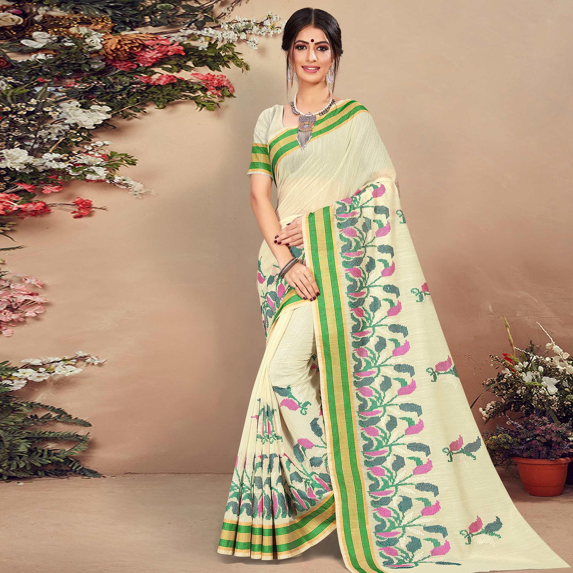 Sophisticated Cream Colored Casual Wear Floral Printed Cotton Saree - Peachmode