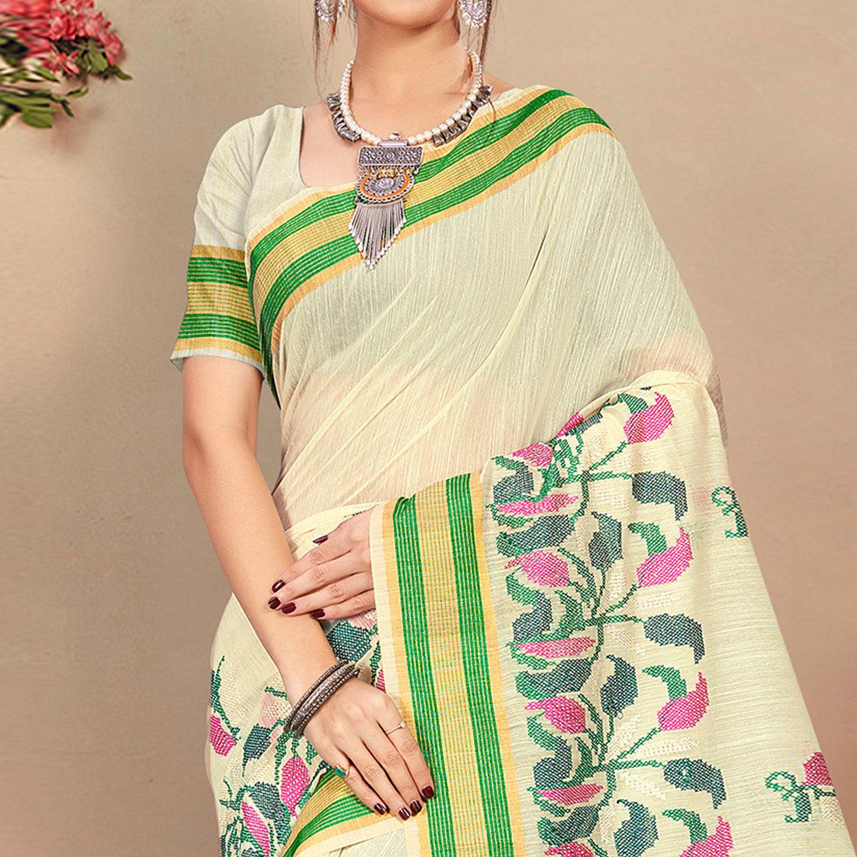 Sophisticated Cream Colored Casual Wear Floral Printed Cotton Saree - Peachmode